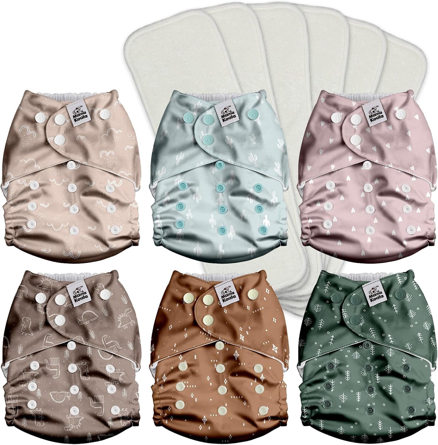 Mama Koala 3.0 Pocket Cloth Diapers for Babies with AWJ Lining, 6 Pack with 6 4-Layer Natural Cloth Diaper Inserts – Reusable and Washable Pocket Diapers(Simply Neutrals)