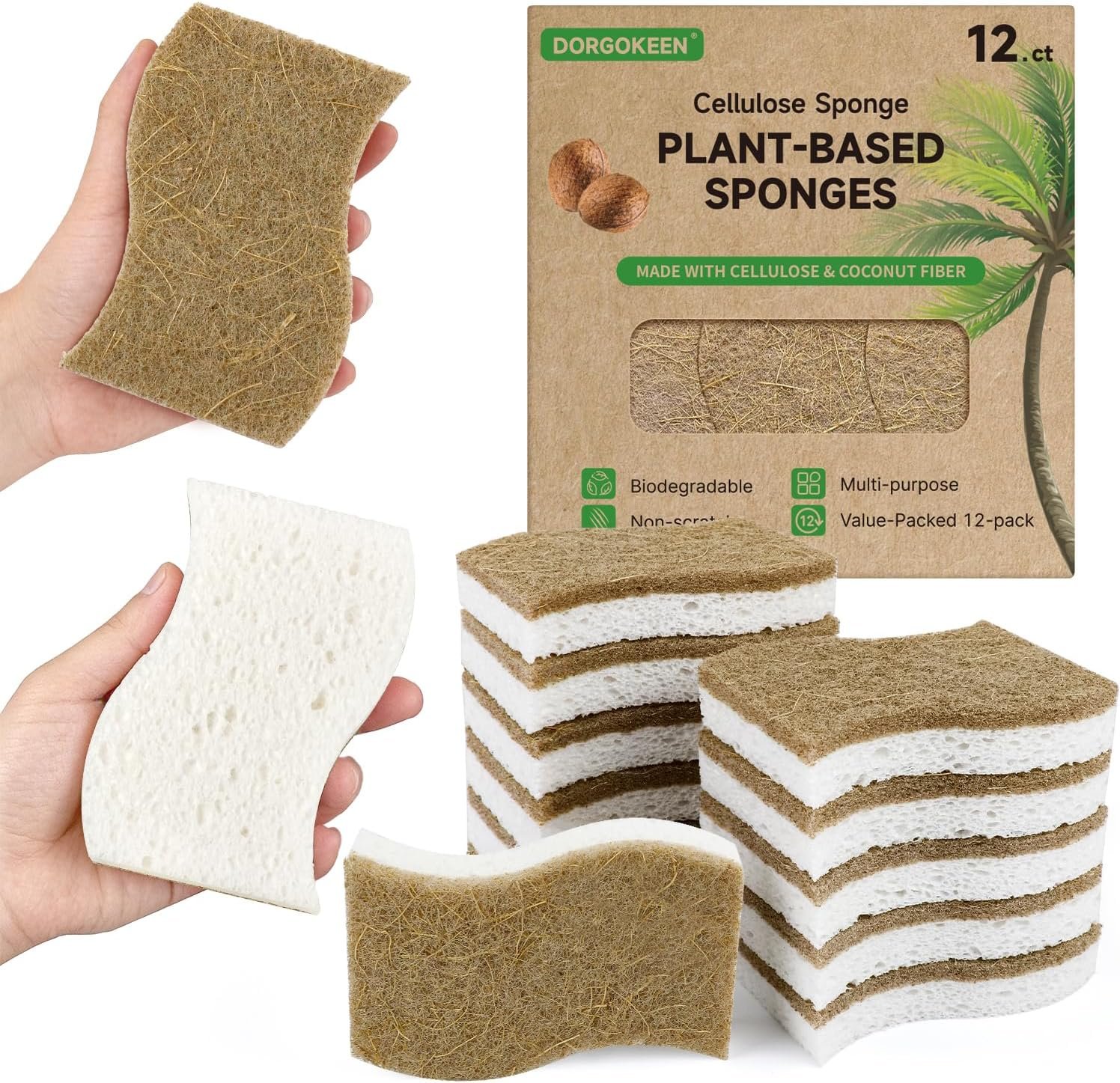 12 Pack Biodegradable Kitchen Dish Sponges, Natural Plant-Based Coconut Fiber and Compostable Cellulose Sponge, Non-Scratch Heavy Duty Sponges for Non-Stick Cookware, Kitchen Household Cleaning