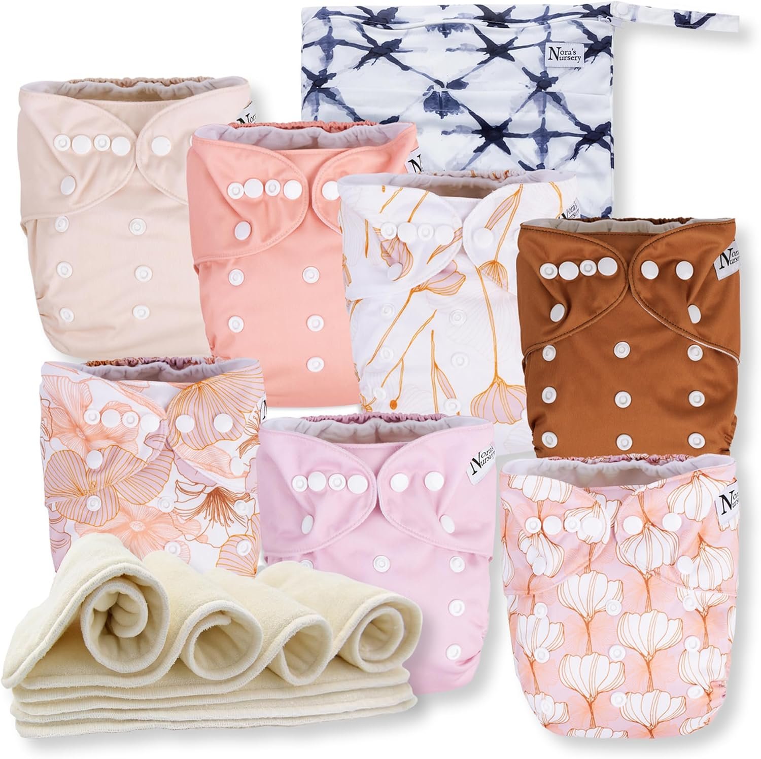 Nora’s Nursery Cloth Diapers 7 Pack with 7 Inserts & 1 Wet Bag – Waterproof Cover, Washable, Reusable & One Size Adjustable Pocket Diapers for Newborns and Toddlers – Magnolia