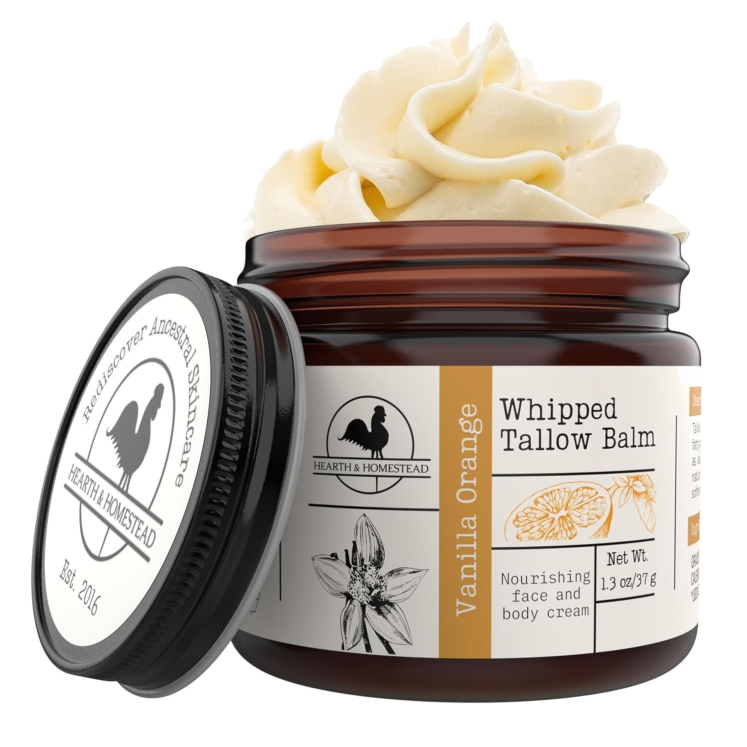 Hearth & Homestead Whipped Beef Tallow for Skin & Face – 100% Grass Fed, Eczema Cream & Body Butter, Organic Olive Oil, Calendula & Rose, Lotion & Hand Moisturizer for Dry Skin, Vanilla Orange, 1.3oz