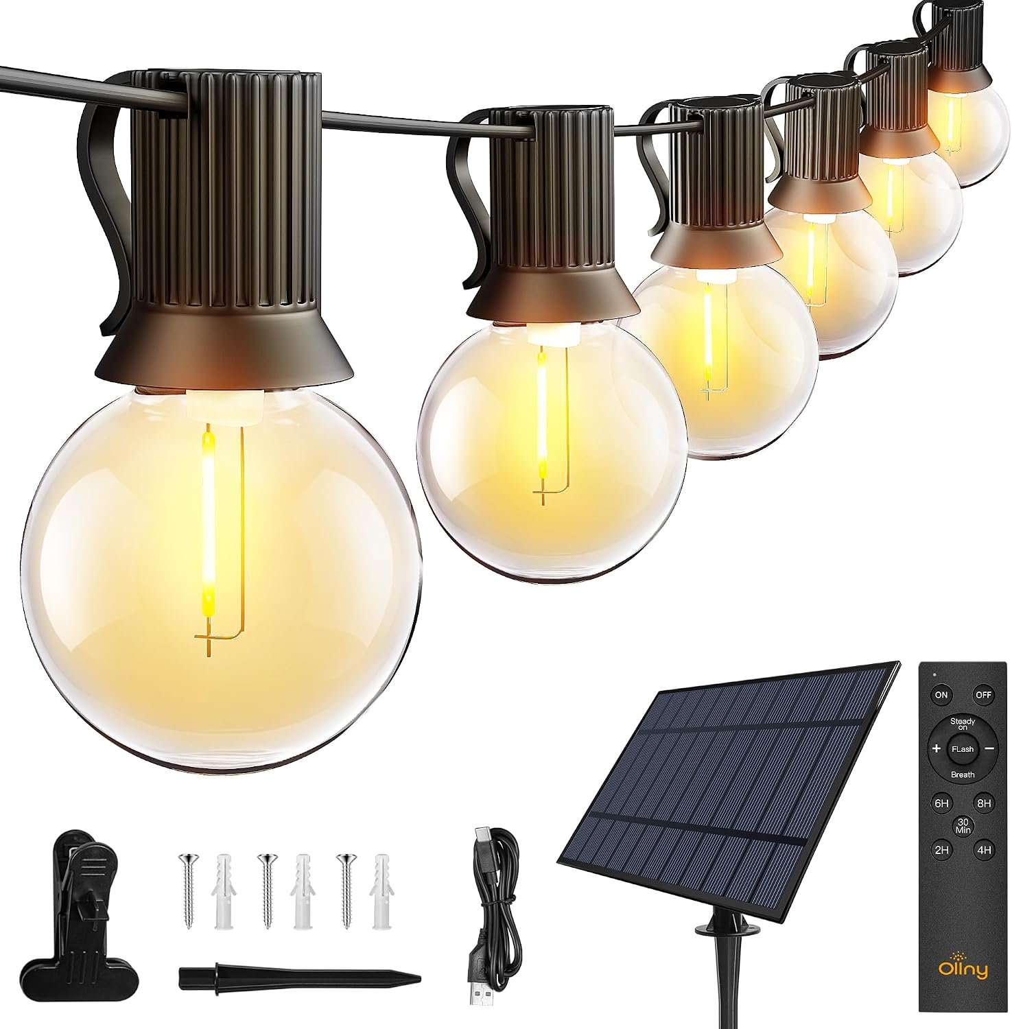 Ollny 110FT Solar String Lights for Outside, Waterproof Remote Control Dimmable Timers 3Modes Outdoor Light with 50 LED + 2 Spare Shatterproof Bulb, G40 Hanging Lights for Patio Pool House Garage