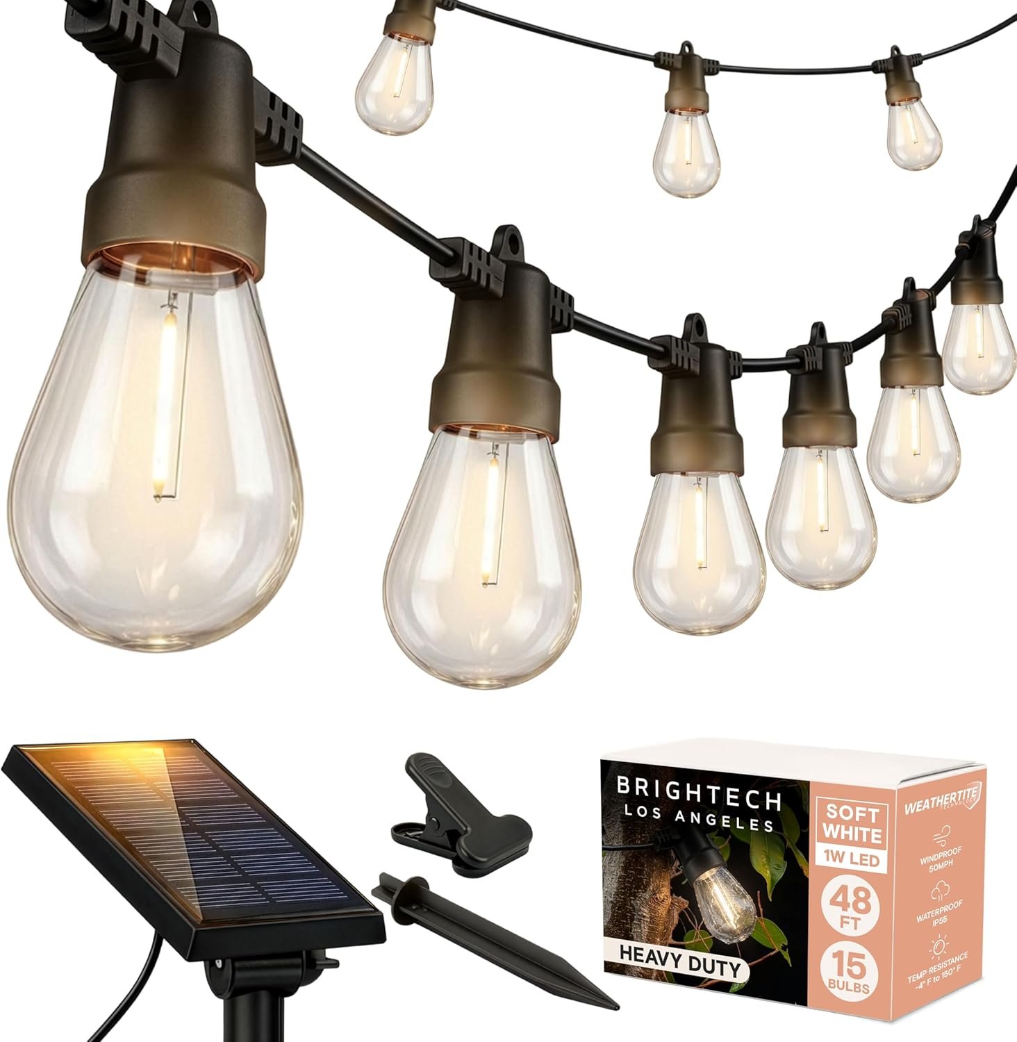 Brightech Ambience Pro Solar Powered Outdoor String Lights, 48 ft Commercial Grade Waterproof Patio Lights, 15 Edison Bulbs, Shatterproof LED String Lights for Outside, Porch – 1W Soft White