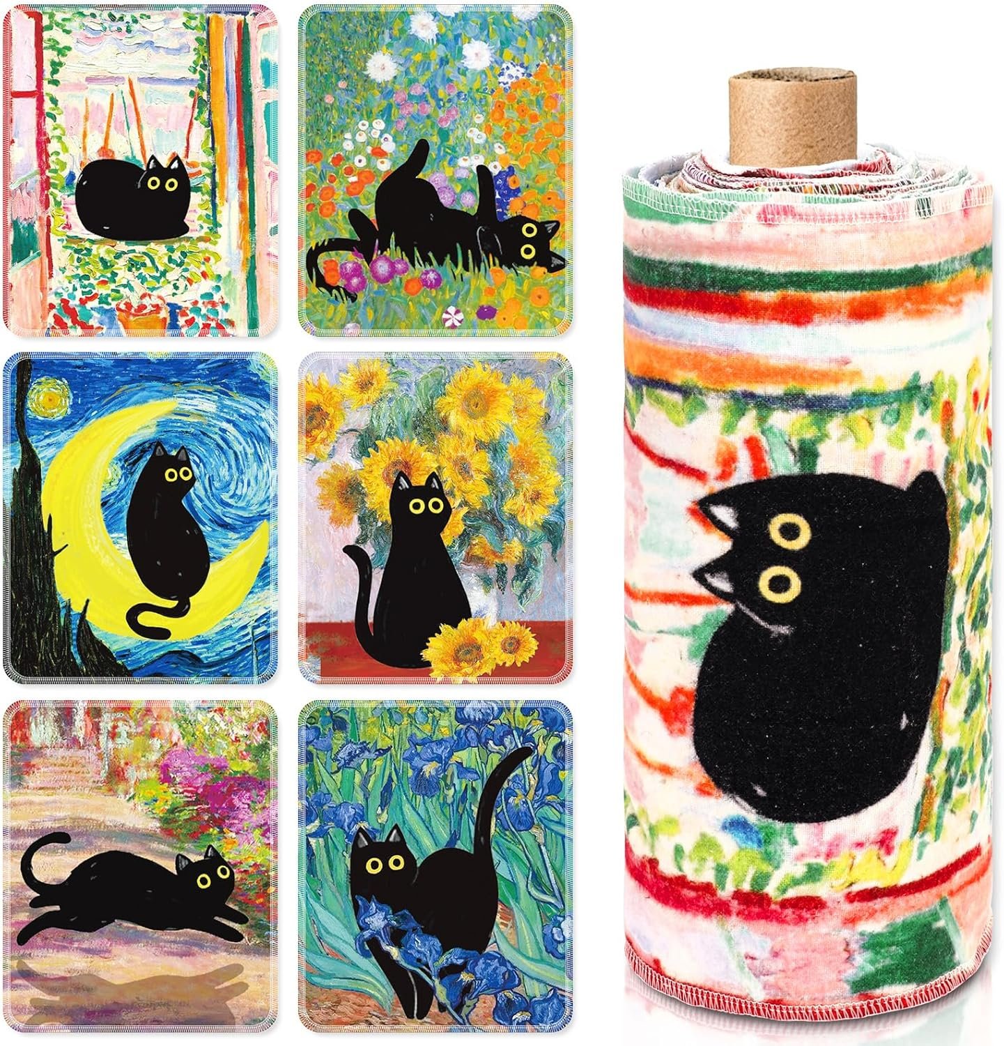 Whaline 36 Pcs Reusable Paper Towels Famous Painting with Black Cat Paperless Towels Washable Cotton Cloths with Roll for Kitchen Bathroom Cleaning