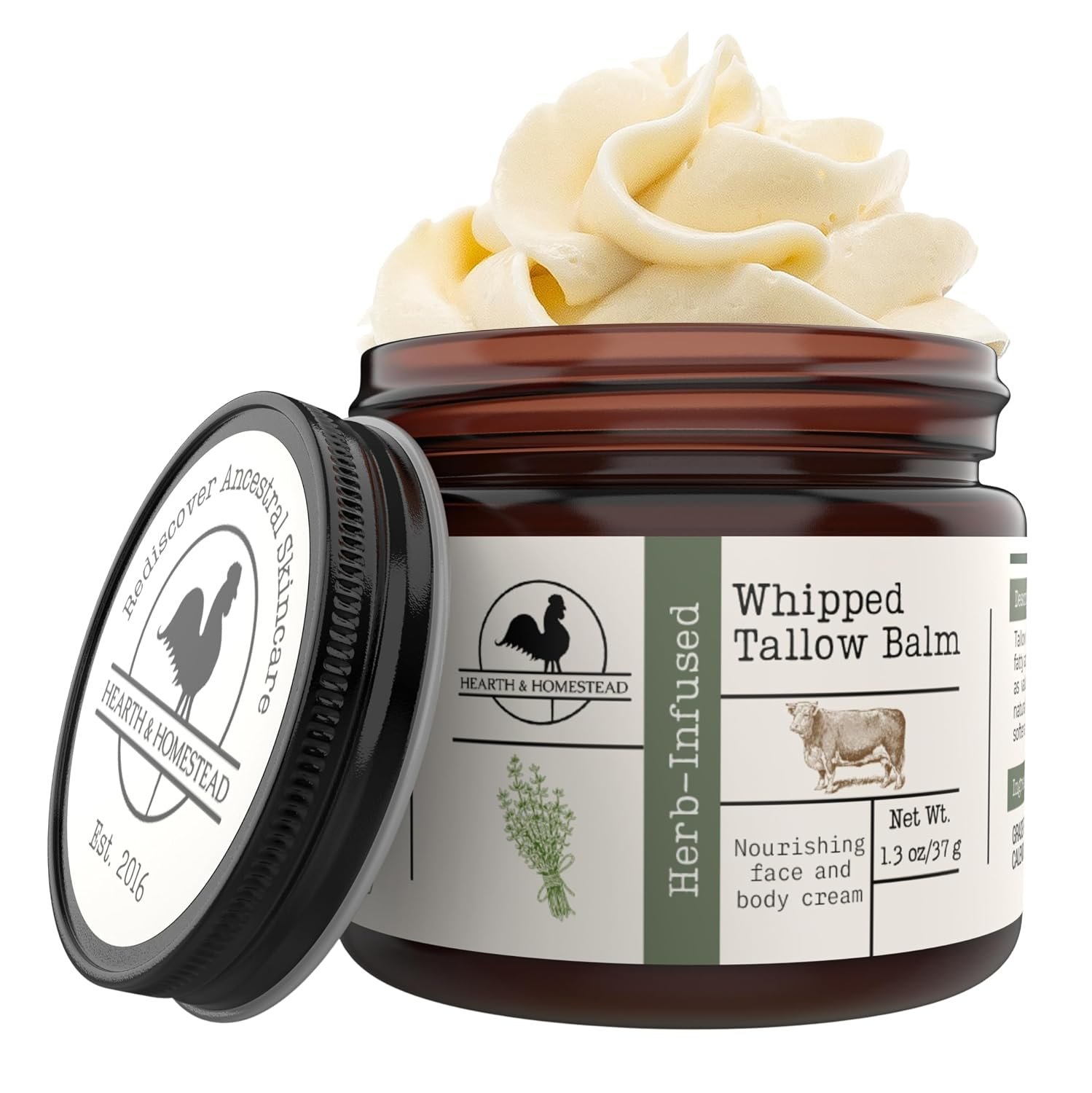 Hearth & Homestead Whipped Beef Tallow for Skin & Face – 100% Grass Fed, Eczema Cream & Body Butter – Organic Olive Oil, Calendula & Rose – Lotion & Hand Moisturizer for Dry Skin, Unscented, 1.3oz
