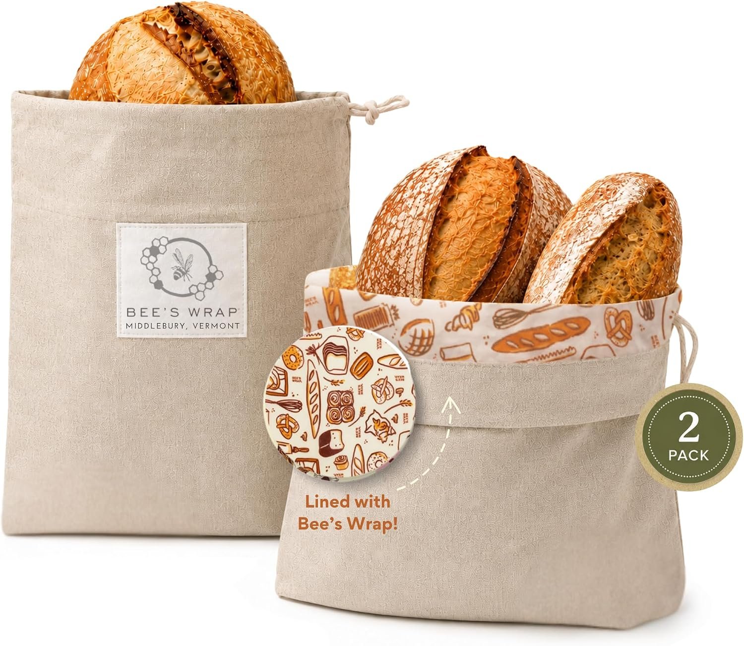 Bee’s Wrap Beeswax Bread Bags, 2 Pack – Bakery Lane | Beeswax Lined – Breathable Bread Storage – Plastic Free – Reusable – Keeps Homemade Bread Fresher Longer