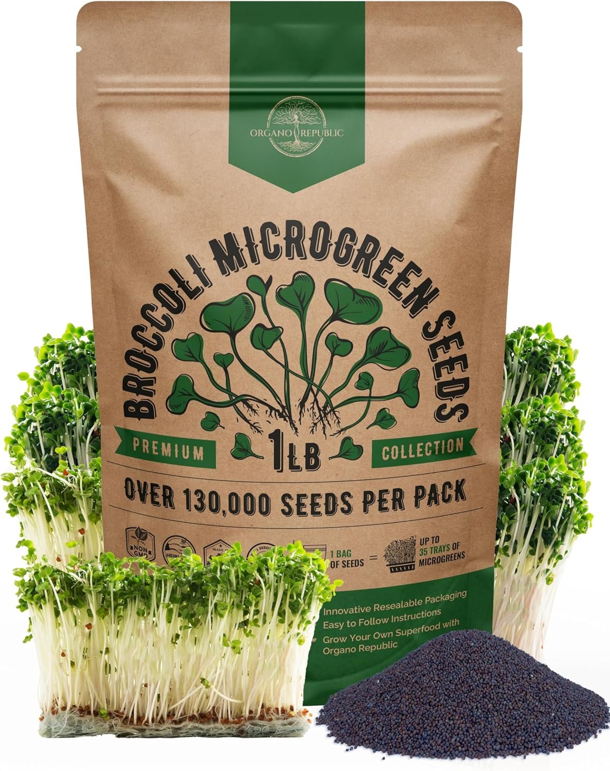 Broccoli Sprouting & Microgreens Seeds – Non-GMO, Heirloom Sprout Seeds Kit, 1lb Resealable Bag for & Growing Microgreens in Soil, Coconut Coir, Aerogarden & Hydroponic