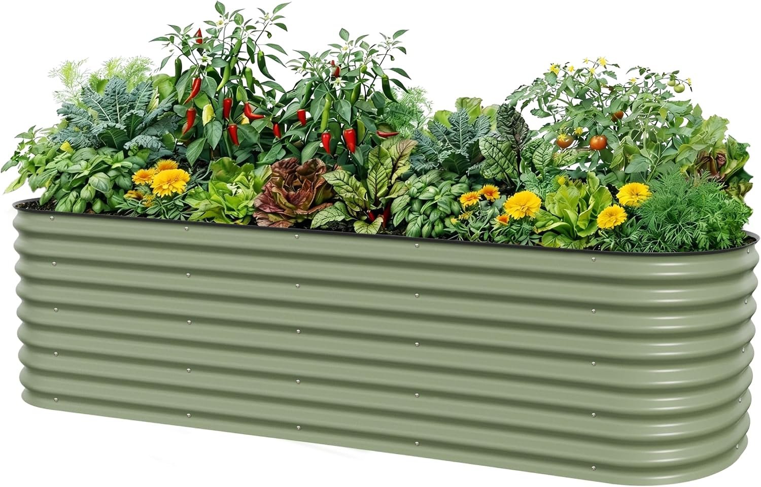 Vego garden 26″ Extra Tall Raised Garden Bed Kits, 10 in 1 Modular Raised Planter Box for Vegetables Flowers Fruits Oval Metal Raised Garden-Olive Green