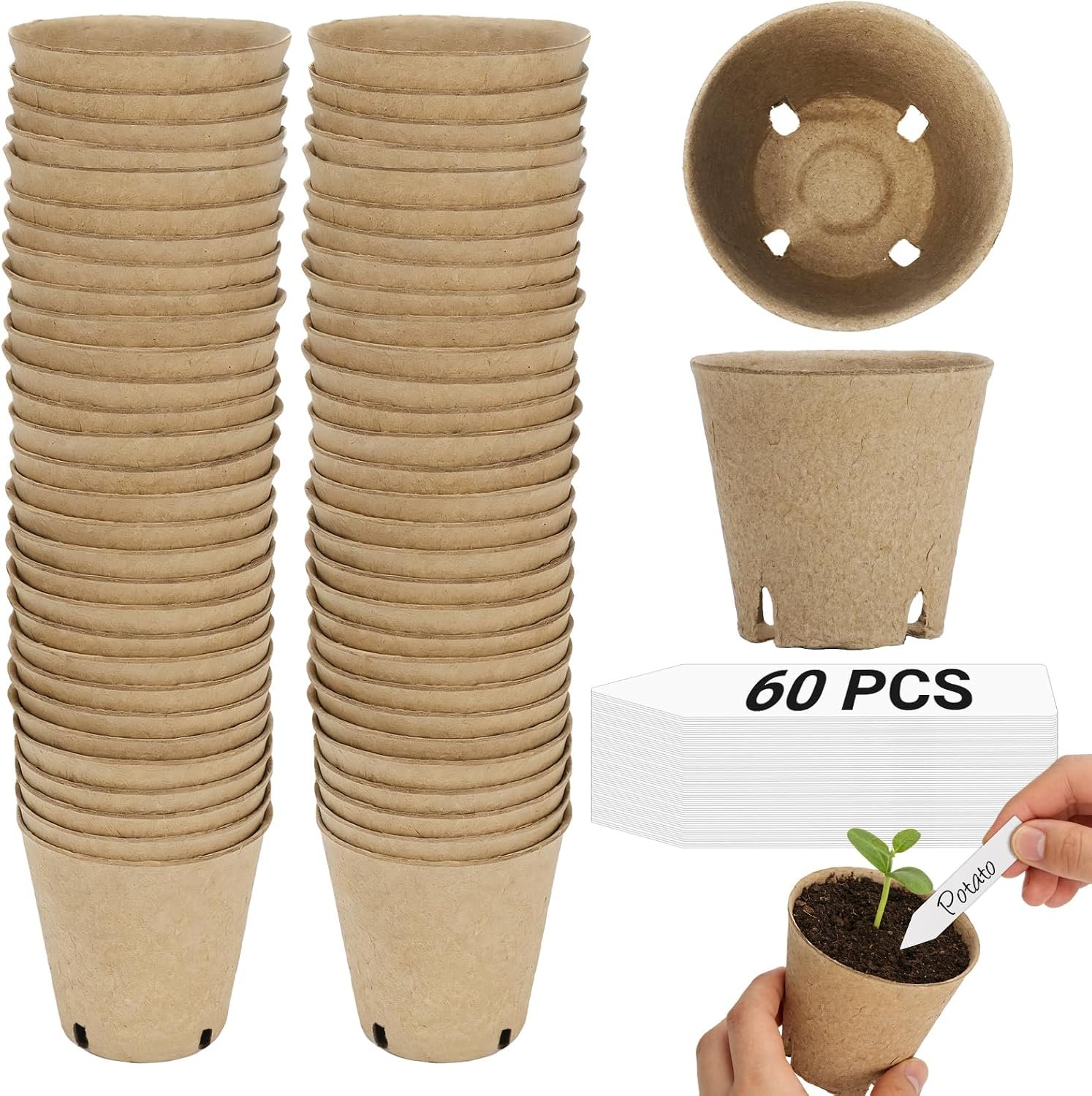 60Pcs 3.1 Inch Peat Pots – Nursery Pots with Drainage Holes for Seedlings | Biodegradable Seed Starting Pots with 60Pcs Plant Labels for Garden Plants