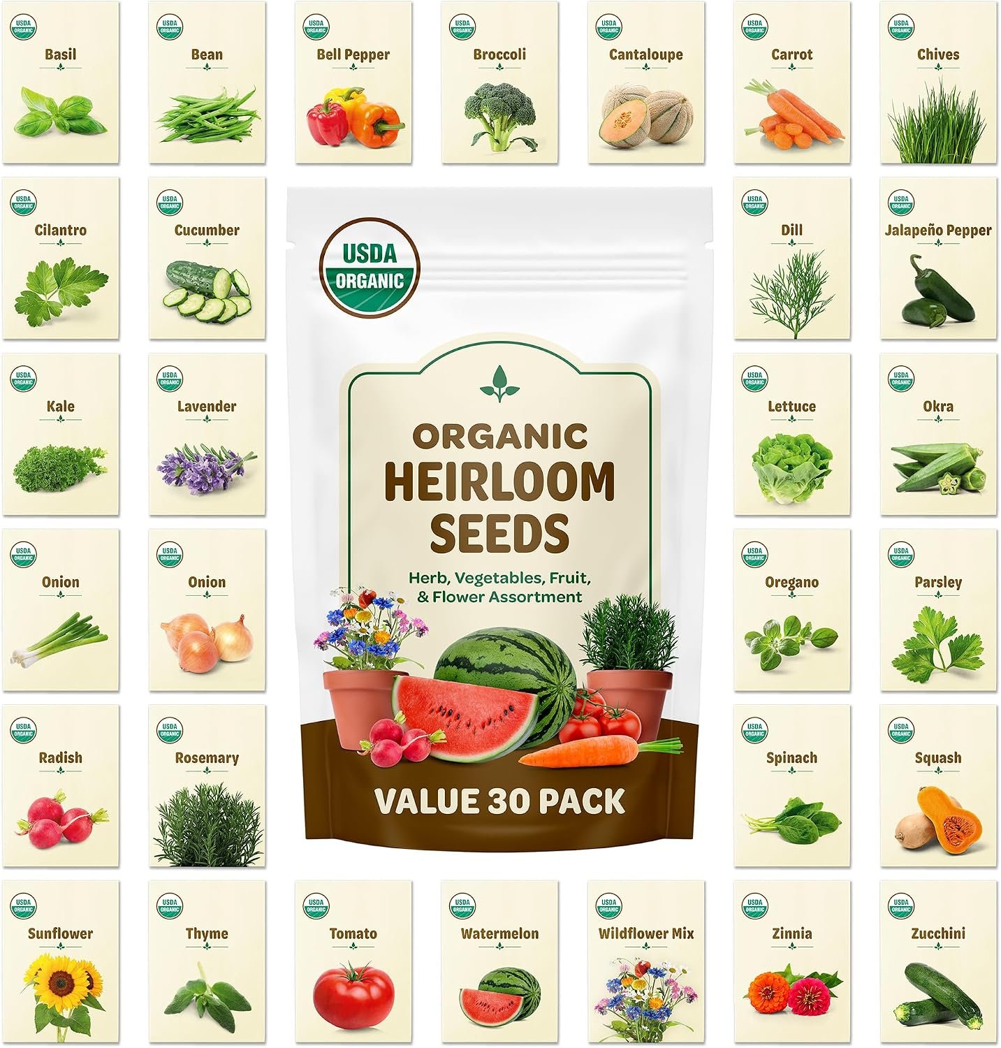 Back to the Roots 100% Heirloom Rescued Seeds, Variety Pack, 30ct of Organic Veggies, Herbs & Flowers to Prevent Waste (Assortment Varies)