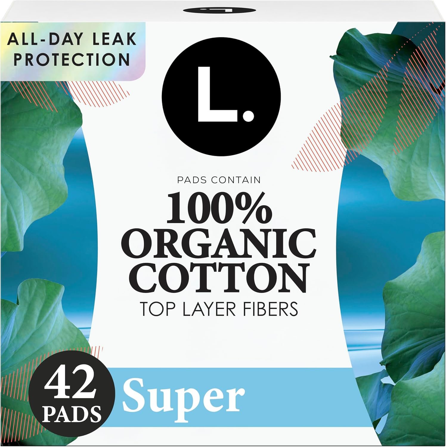 L. Ultra Thin Pads for Women, Organic Cotton Top Layer, Super Absorbency, Menstrual Pads with Wings, Made Without Synthetic Pesticides and Fragrances, 42 Count