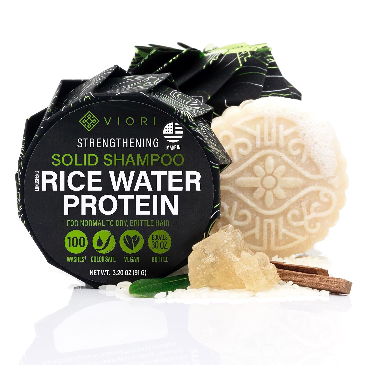Viori Strengthening Shampoo Bar – Rice Water, Hidden Waterfall | Strengthens all hair types; vanilla-musk scent; handcrafted with Longsheng rice water; paraben & cruelty-free; vegan