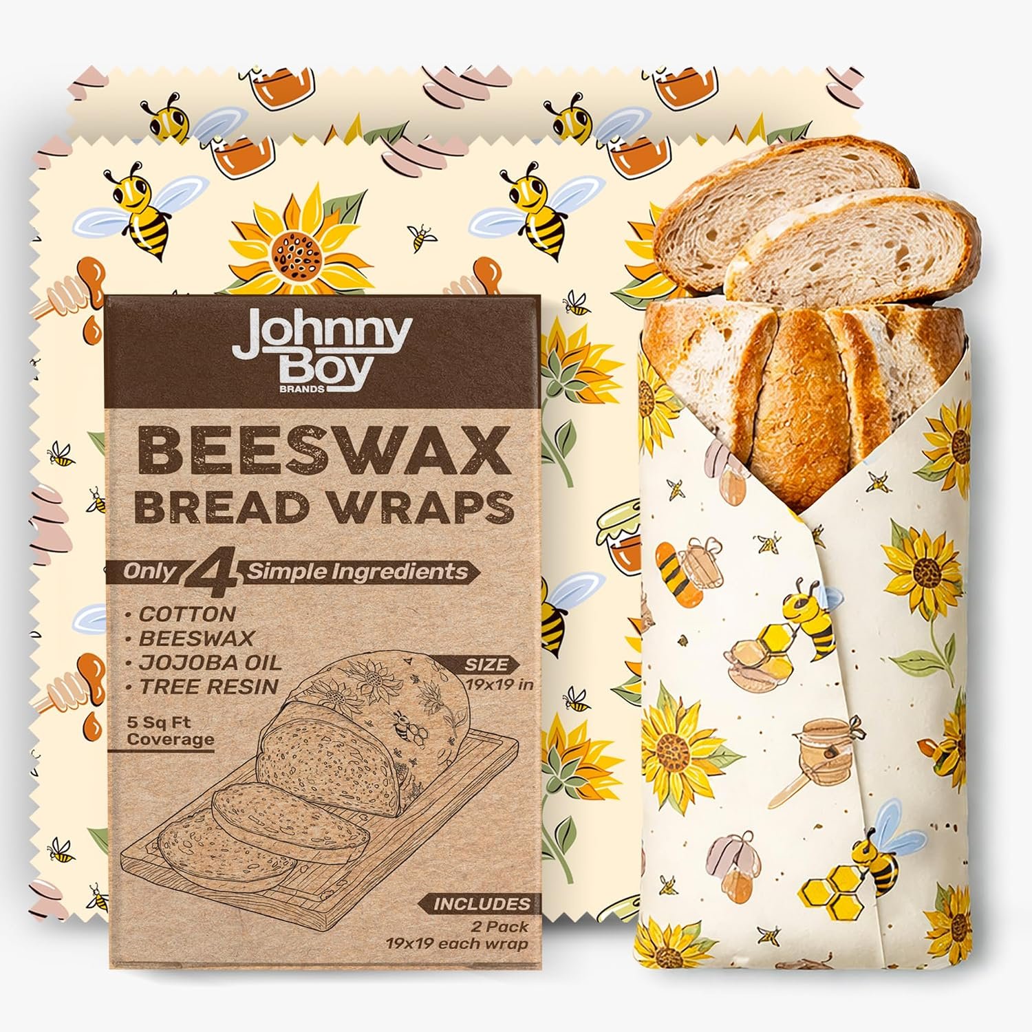 2 Pack – XL 19″ x 19″ – 5 Sq Ft – Beeswax Bread Wraps, Total 5 Sq Ft Coverage, Eco-Friendly Alternative to Plastic Wrap for Bread Storage, Bowls & Food Storage (Classic)