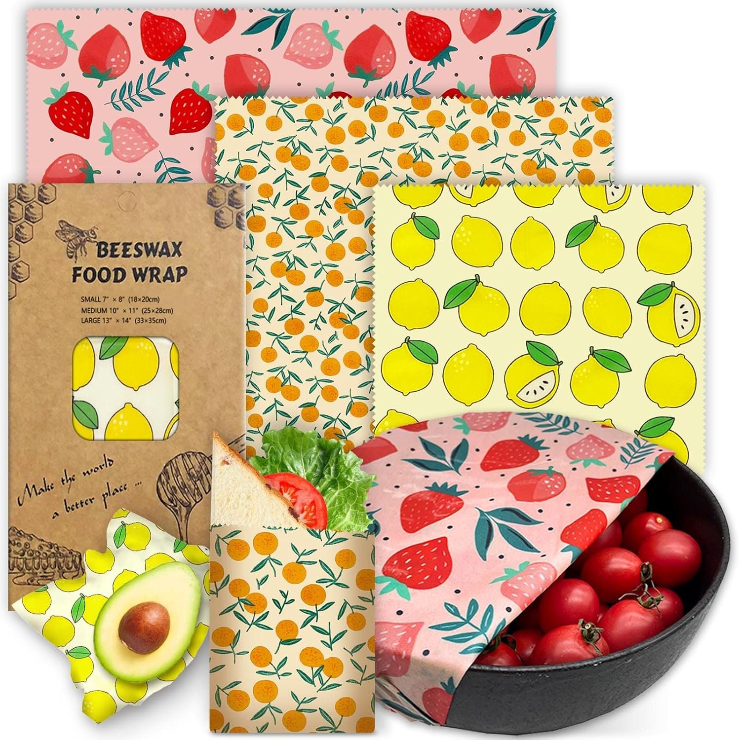 Beeswax Wrap – 3 Pack, Beeswax Wraps For Food, Organic, Sustainable, Biodegradable, Zero Waste, Reusable Beeswax Food Wrap, 1L Strawberry, 1M Orange, 1S Lemon Patterns