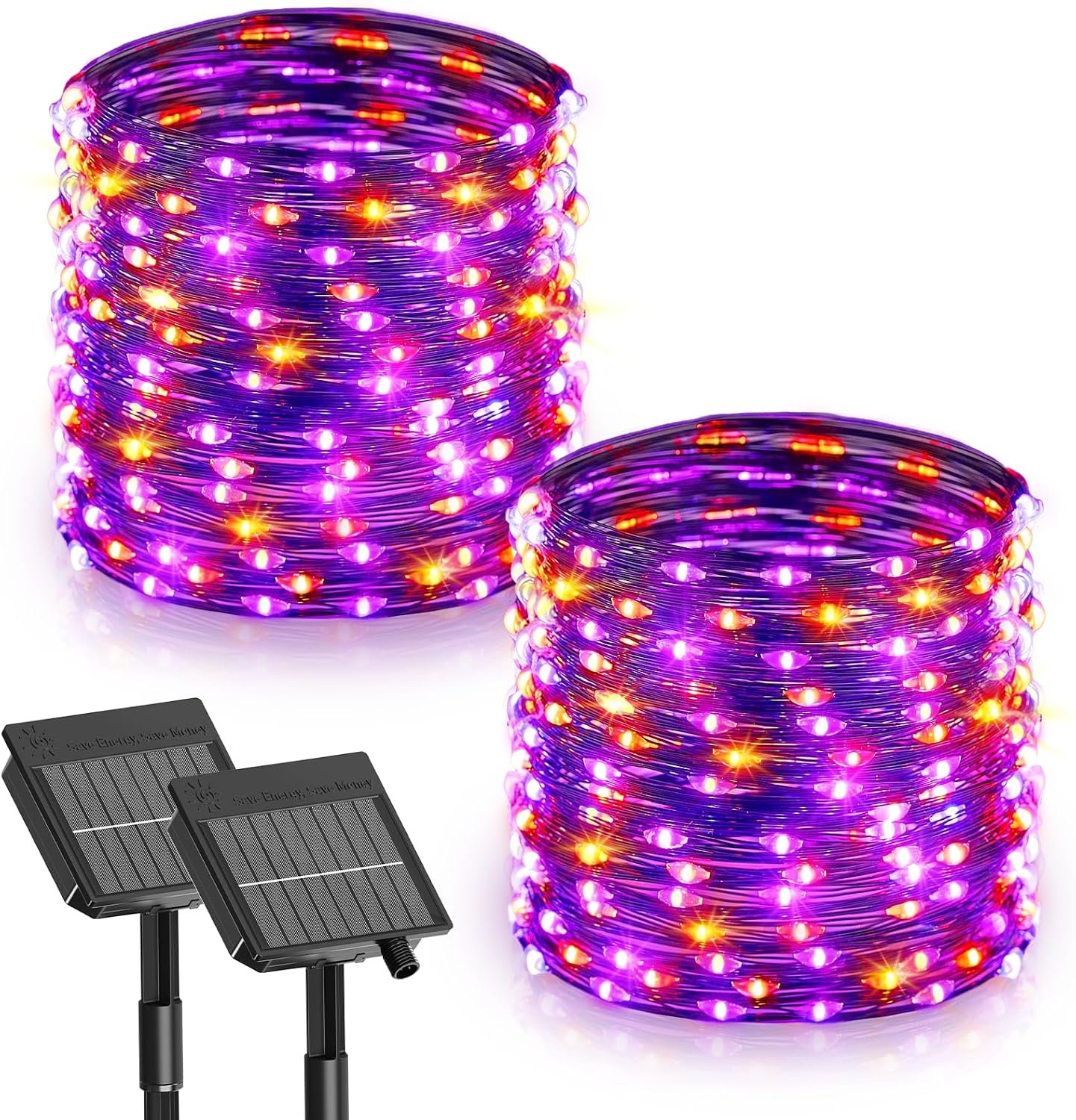 Minetom Solar Halloween Lights, 2 Pack Total 66Ft 200 LED String Lights | Solar Fairy Lights Outdoor Waterproof with 8 Modes, Twinkle Lights for Patio Yard Garden Tree Patry DIY Decor (Orange&Purple)