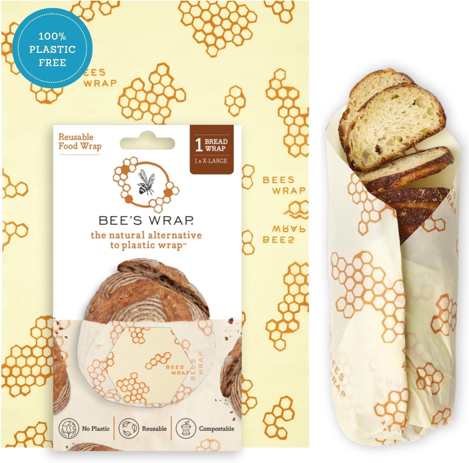 Bee’s Wrap Beeswax Bread Wrap – Honeycomb | Organic Beeswax Wraps – Plastic Free – Reusable Bread Storage – Sourdough, Artisan Loaves & Homemade Bread – Made in USA