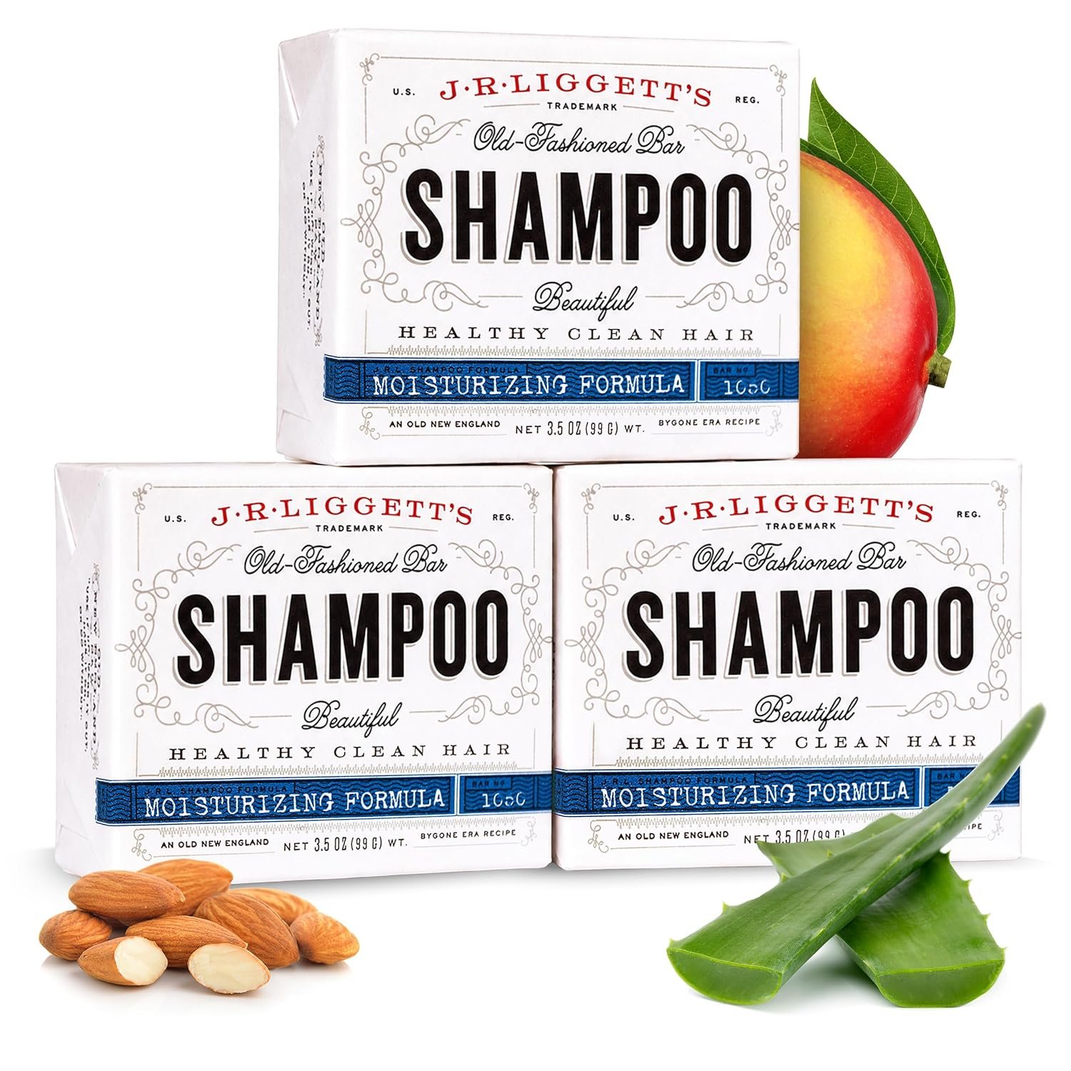 J.R.LIGGETT’S Shampoo Bar Moisturizing Formula, All-Natural Solid Shampoo Bar Hair Cleanser with Coconut Oil and Aloe Vera Restores Softness, Fragrance-Free, Sulfate-Free, 3.5 oz (3-Pack)