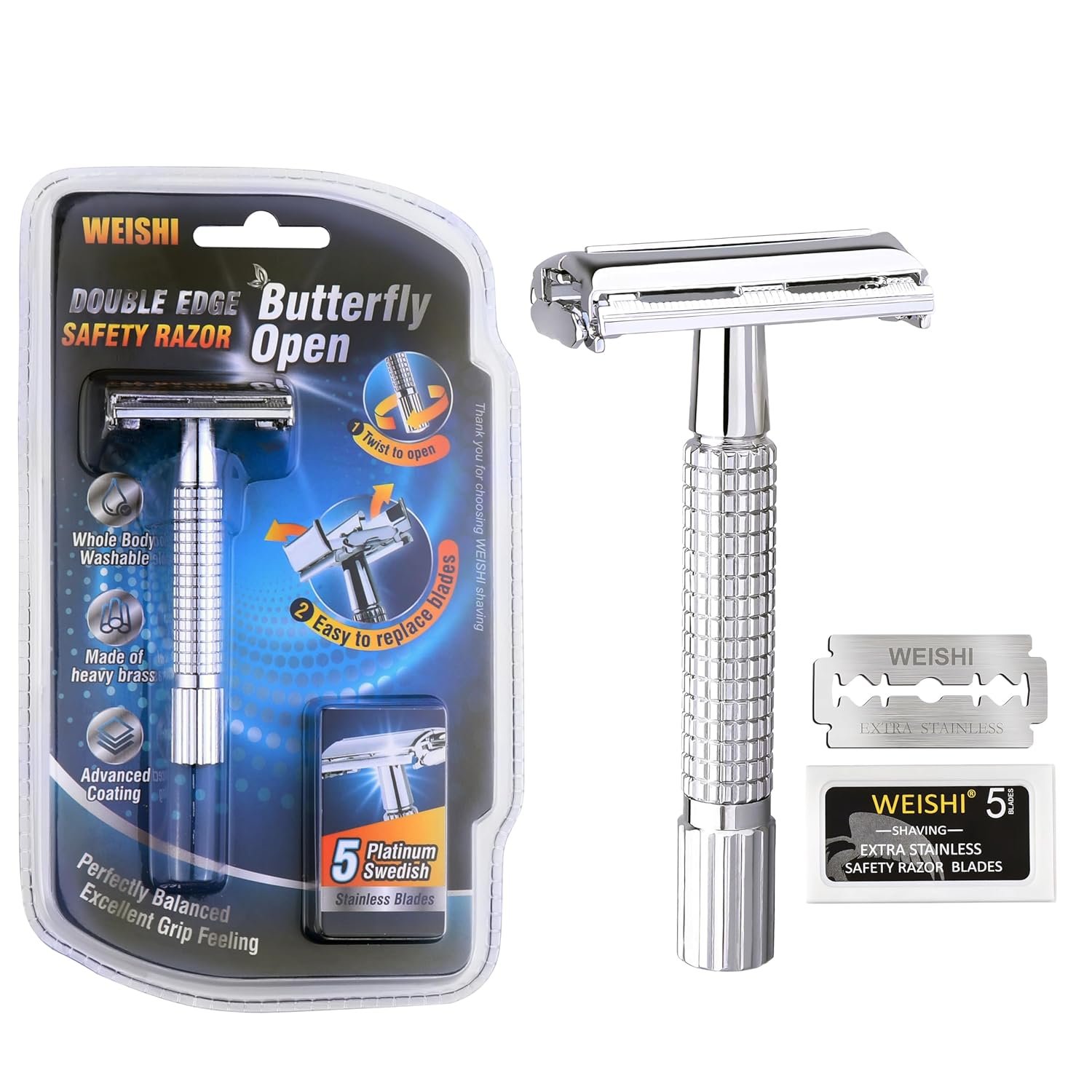 WEISHI Butterfly Open Double Edge Safety Razor for Men, Chrome Short Handle with 5 Stainless Razor Blades Included, Reusable Wet Shave Tool for Smooth, Close Shave