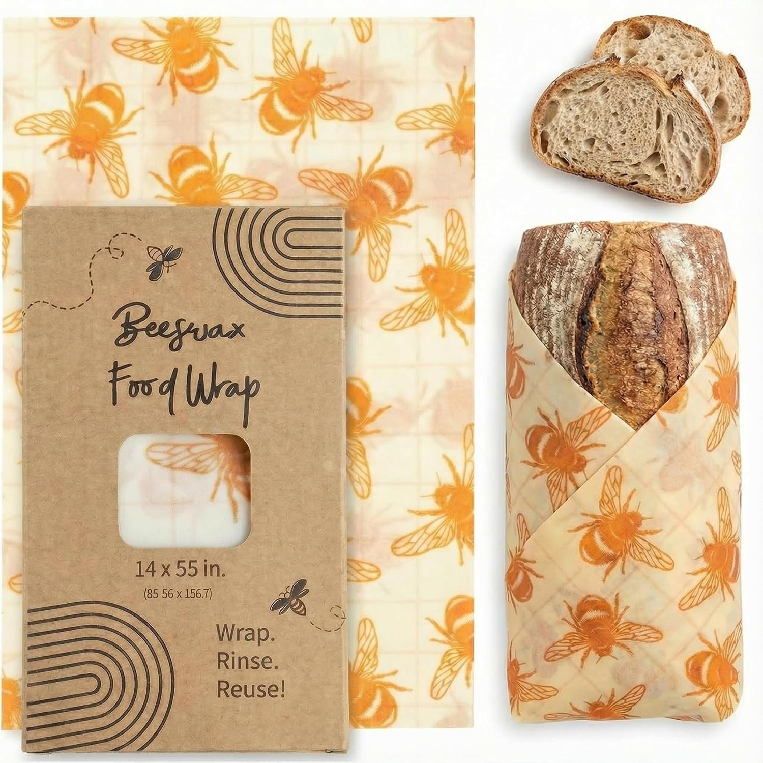 XXL Reusable Beeswax Wraps For Food – 14 x 55 in Roll | Cut to Size Bees Wax Wraps Reusable | Extra Large Beeswax Paper Sheet | Cute Bees Wax Roll for Food Wraps