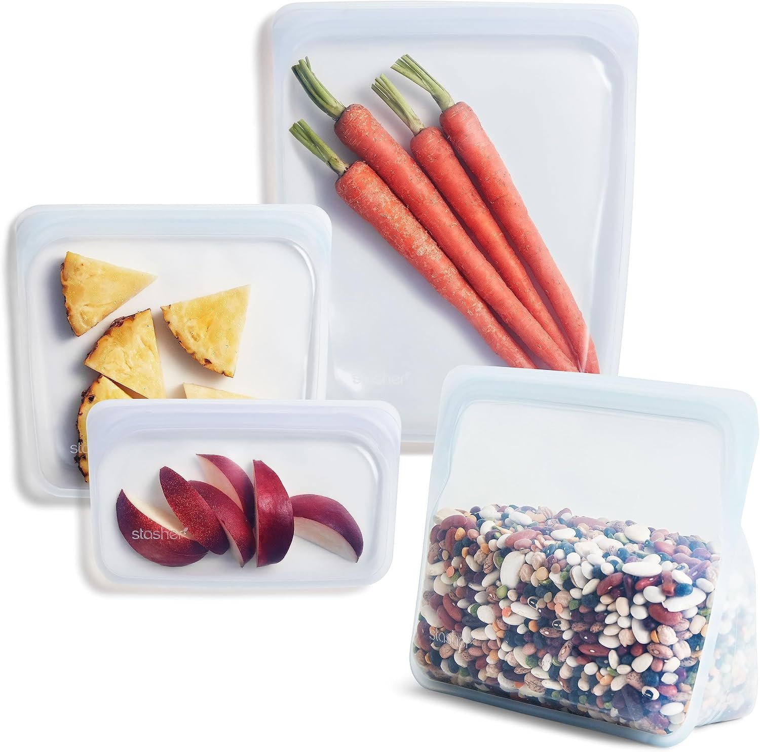 Stasher Premium Reusable Silicone Food Storage Bags, 4-Pack, Clear | Food-Safe Silicone, Eco-Friendly, Reusable Freezer Bags, Microwave, Dishwasher, Oven, Snack Bags, Lunch Containers, Meal Prep