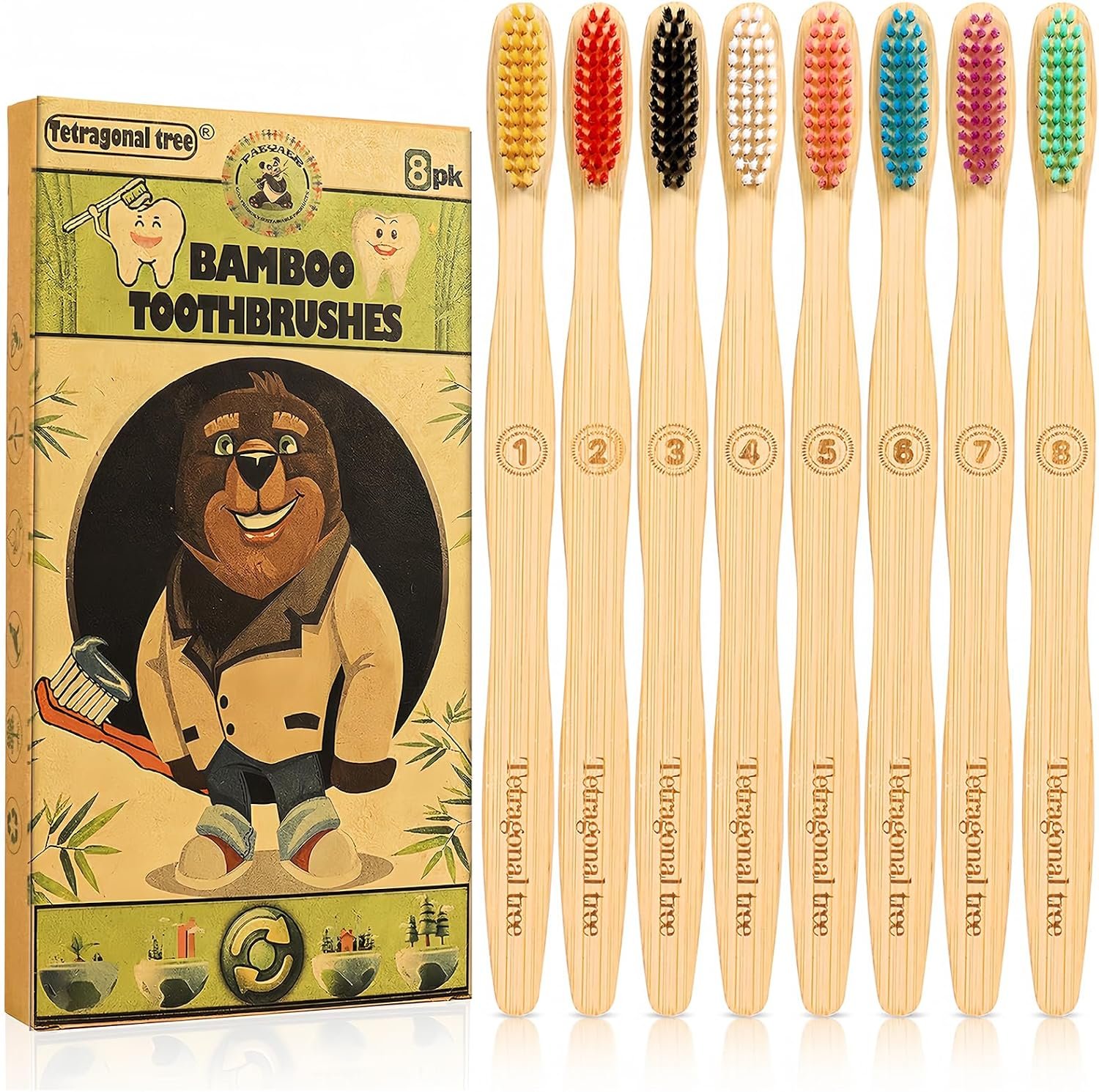 Tetragonal tree 8 Count Biodegradable Bamboo Toothbrushes – Natural Toothbrush Value Pack – Extra Soft Toothbrush for Adults, Good for Sensitive Teeth and Gums