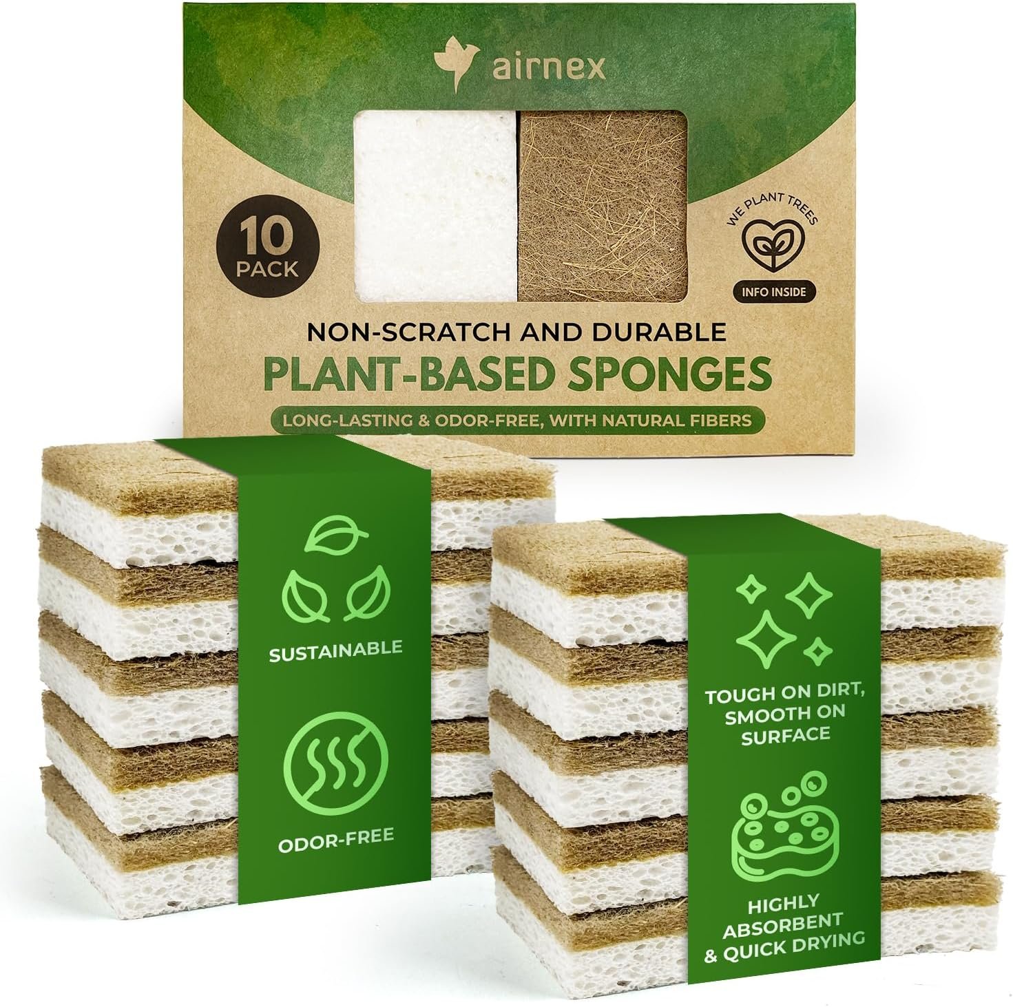 10 Pack Biodegradable Natural Kitchen Sponge – Compostable Cellulose and Coconut Walnut Scrubber Sponge – Eco Friendly Sponges for Dishes