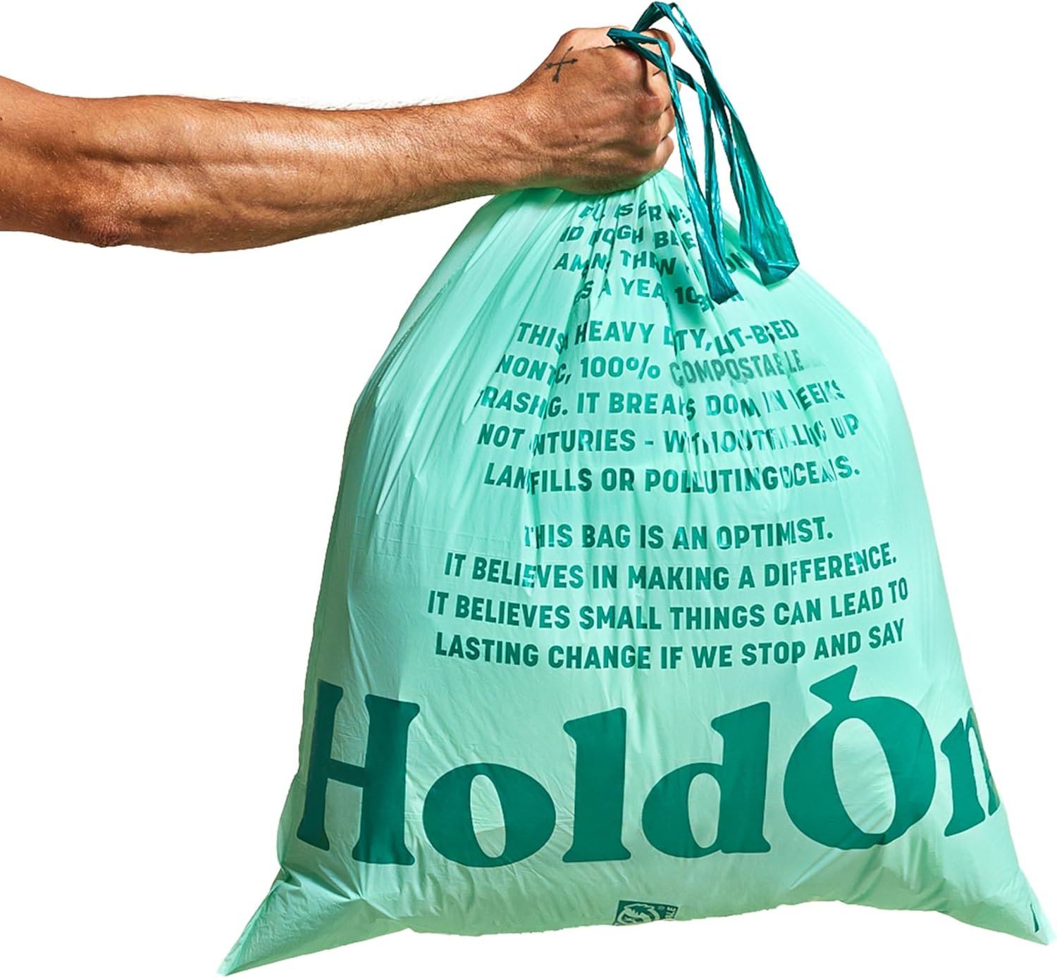 HoldOn Compostable Tall Kitchen Drawstring Bags – 13 Gallon, 40 Count | Leak-Resistant Triple-Ply Plant-Based Kitchen Bags for Trash, Compost & Bin Liners, BPA-Free, BPI Certified