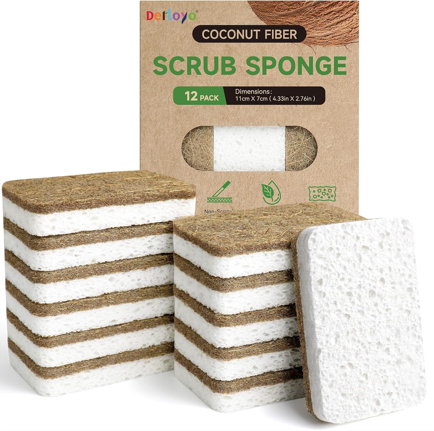 12 Count Plant-Based Kitchen Sponges | Compostable Cellulose, Biodegradable Sponges for Dishes, Non-Scratch Cleaning, Kitchen, Bathroom, Household