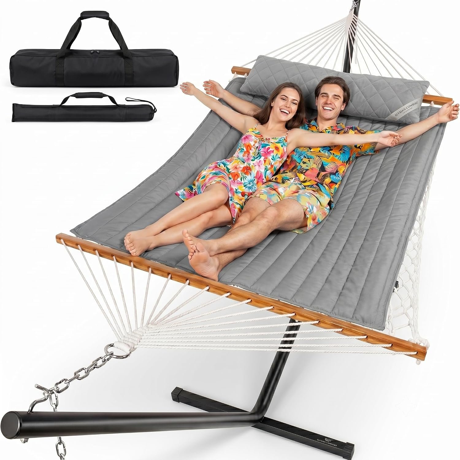 Everyfun 2 Person Hammock with Stand, Heavy Duty Double Cotton Rope Hammock with Removable Quilted Pad & Pillow, 500 LBS Adjustable Steel Frame, Tool-Free, Carry Bag for Outside Patio Yard, Urban-Gray