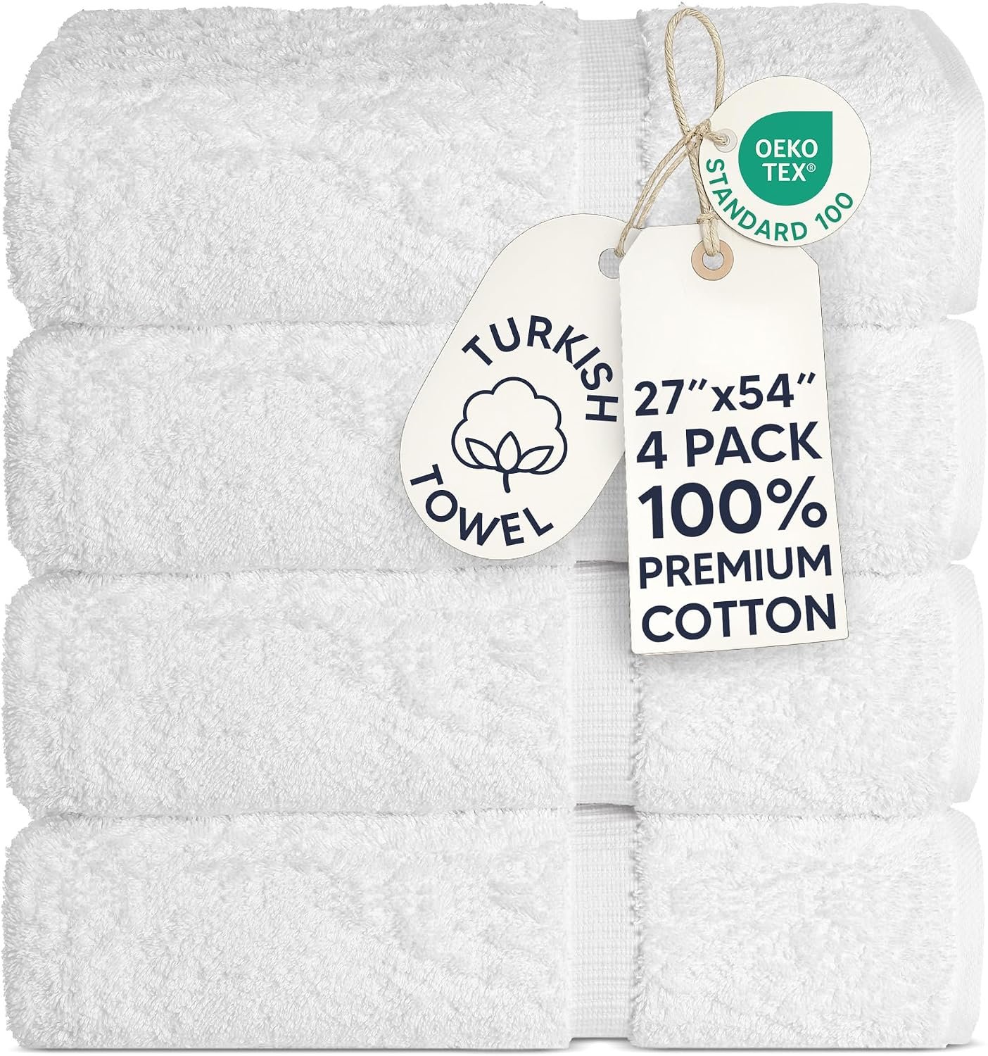 Chakir Turkish Linens 4 Piece Bath Towel Set, 100% Cotton Luxury Turkish Towels for Bathroom, Soft Absorbent Bath Towels, 27 x 54 Inches, White
