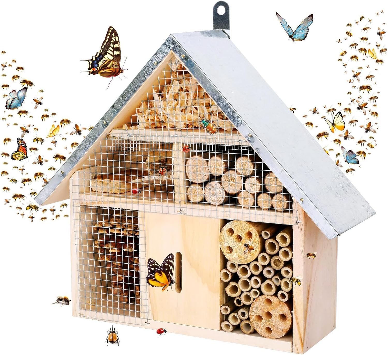 Hanging Bee House Wooden Insect House, Natural Habitat for Beneficial Bees, Bugs, Butterflys, Ladybirds Insect Hotels Garden Yard Home