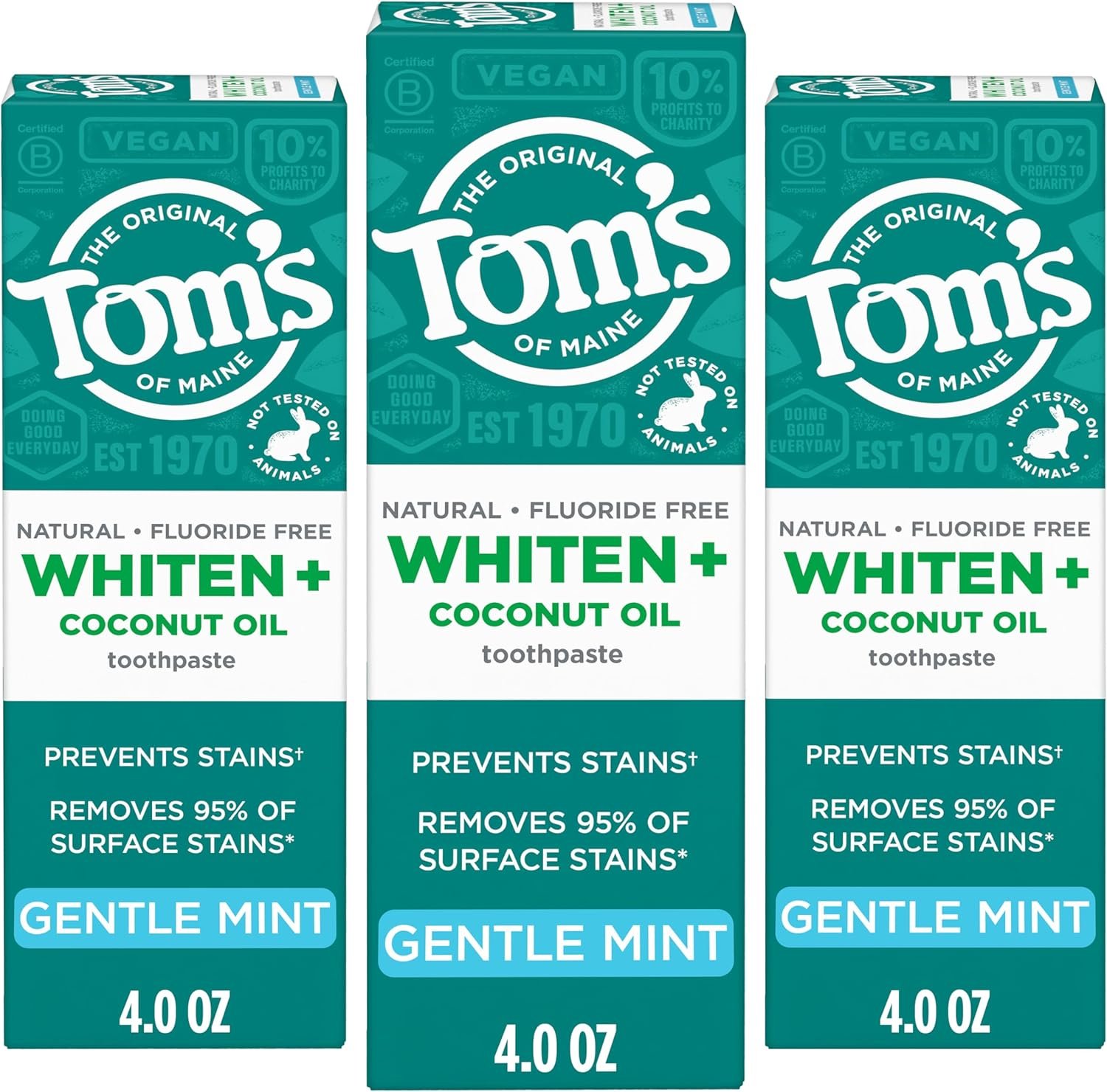 Tom’s of Maine Whiten and Coconut Oil Toothpaste, Gentle Mint, 3 Pack, 4 oz | Fluoride Free, Removes 95% of Surface Stains, Plant-Based Cleansers, Whitens Without Sensitivity