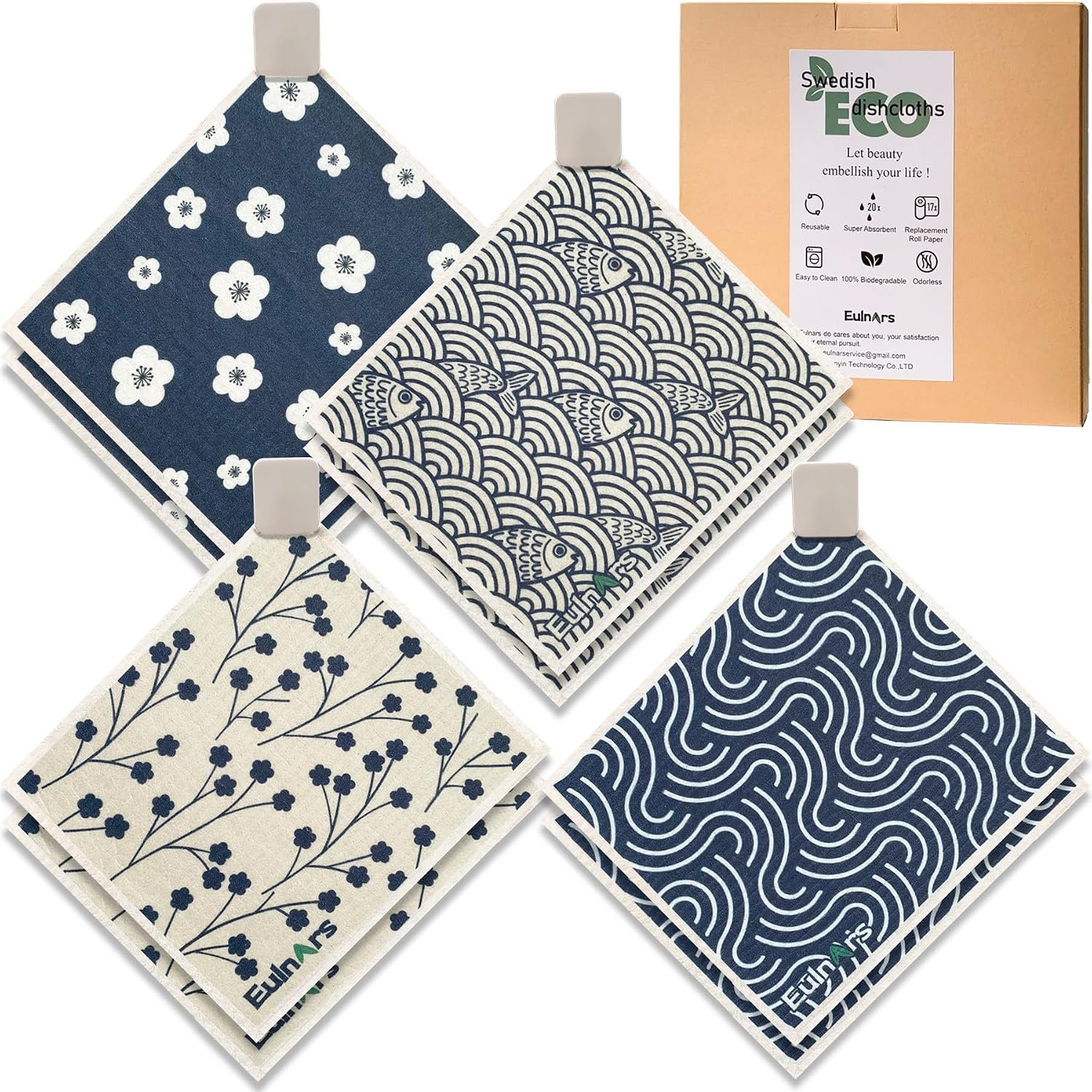 Eulnars Swedish Dishcloths for Kitchen, 8 Pack Japanese Pattern Reusable Paper Towels with Clips, Non-Scratch Swedish Dish Towels, Super Absorbent Cellulose Dish Cloths, No Odor