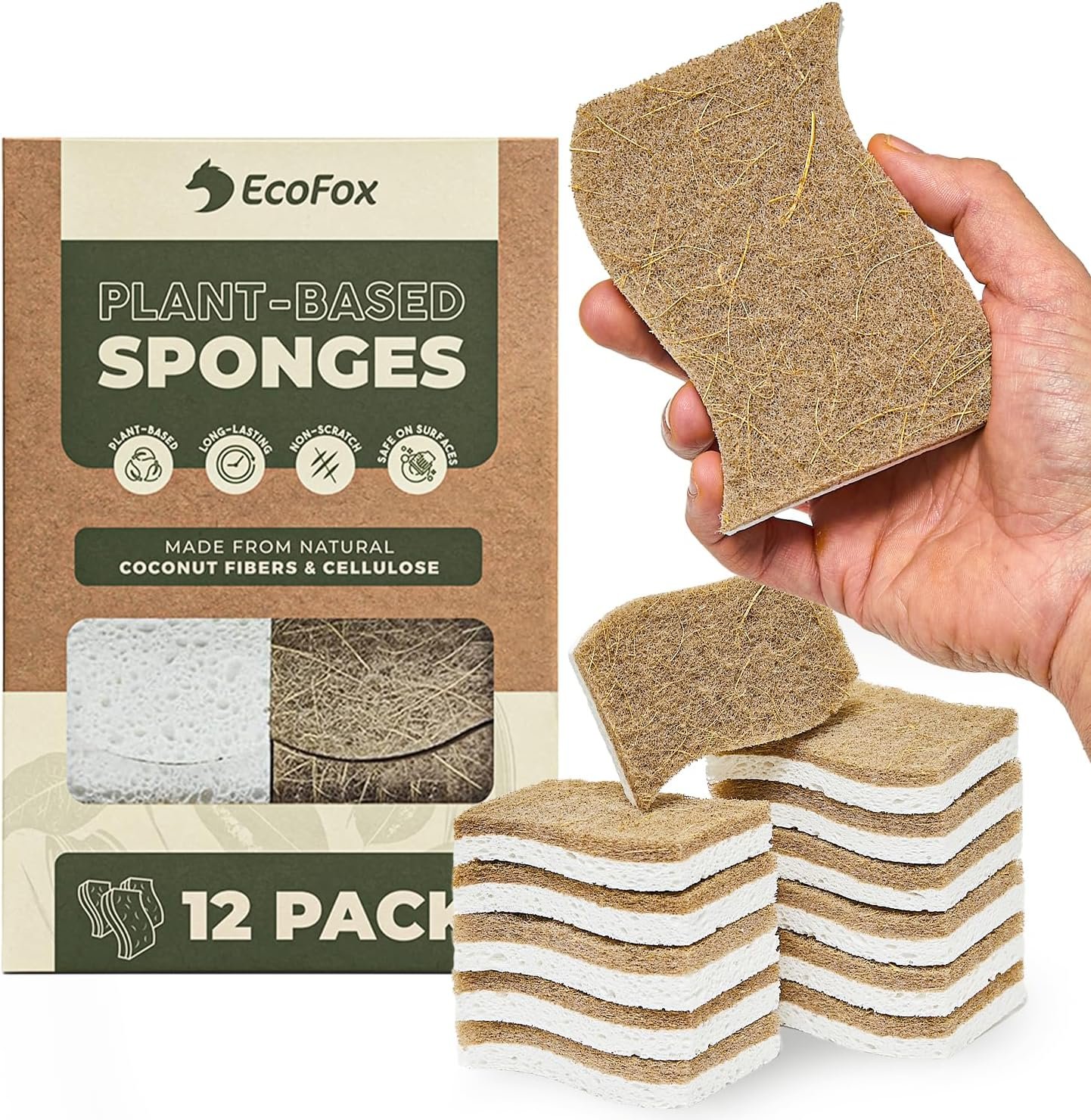 Plant-Based Kitchen Sponges (12 Pack) | USDA Biobased Certified | FSC & PETA Approved | Natural Cellulose & Coconut Scrubber Sponge | S-Shaped Design | Eco-Friendly, Non-Scratch, Non-Toxic & Vegan