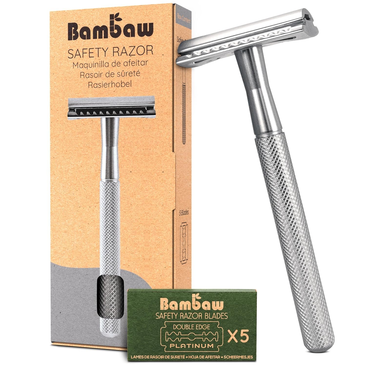 Bambaw Double Edge Safety Razor for Men & Women, Metal Razor with 5 Double Edge Safety Razor Blades, Eco-Friendly Razor – Silver