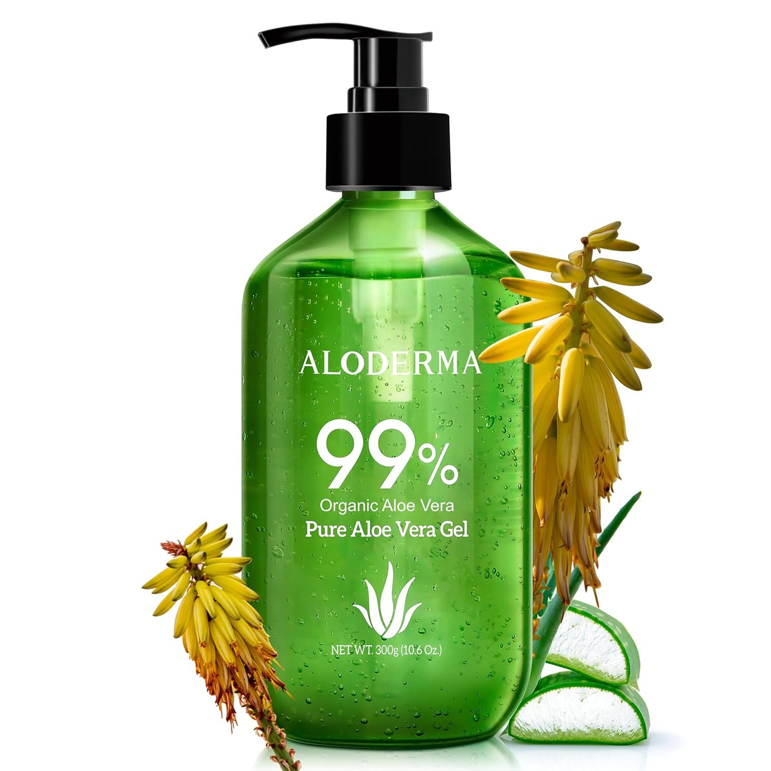 Aloderma Aloe Vera Gel Made within 12 Hours of Harvest with 99% Pure Organic Aloe Vera – Pump Bottle – Ideal for Face and Body, Soothing & Hydrating Sunburn Relief, Great for Scalp & Hair – 10.6oz