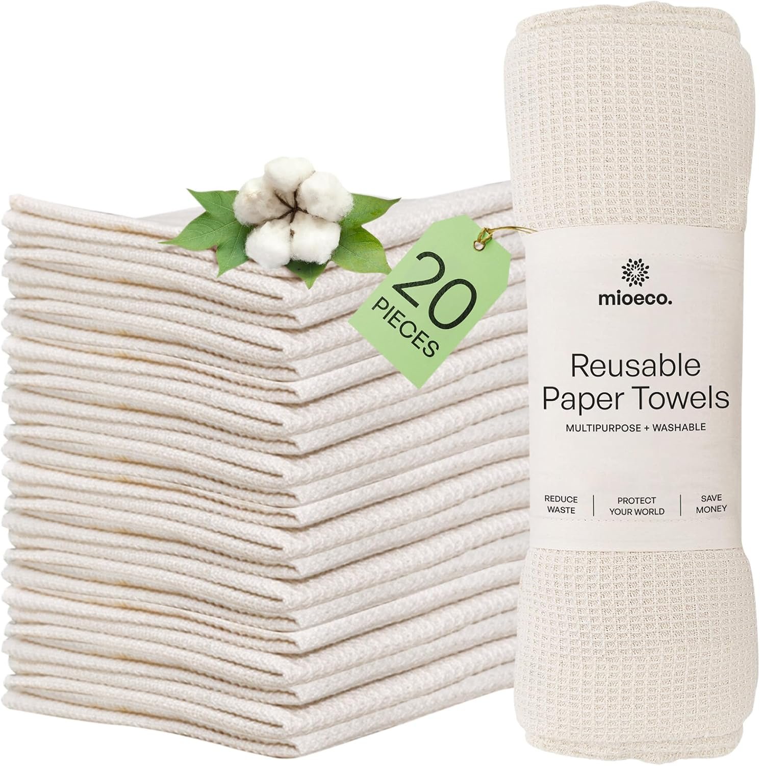 mioeco 20 Pack Reusable Kitchen Paper Towels, Organic Dish Cloths | Highly absorbent, Machine washable, Soft Organic Cotton, Paperless Eco-friendly Alternative, Color Natural