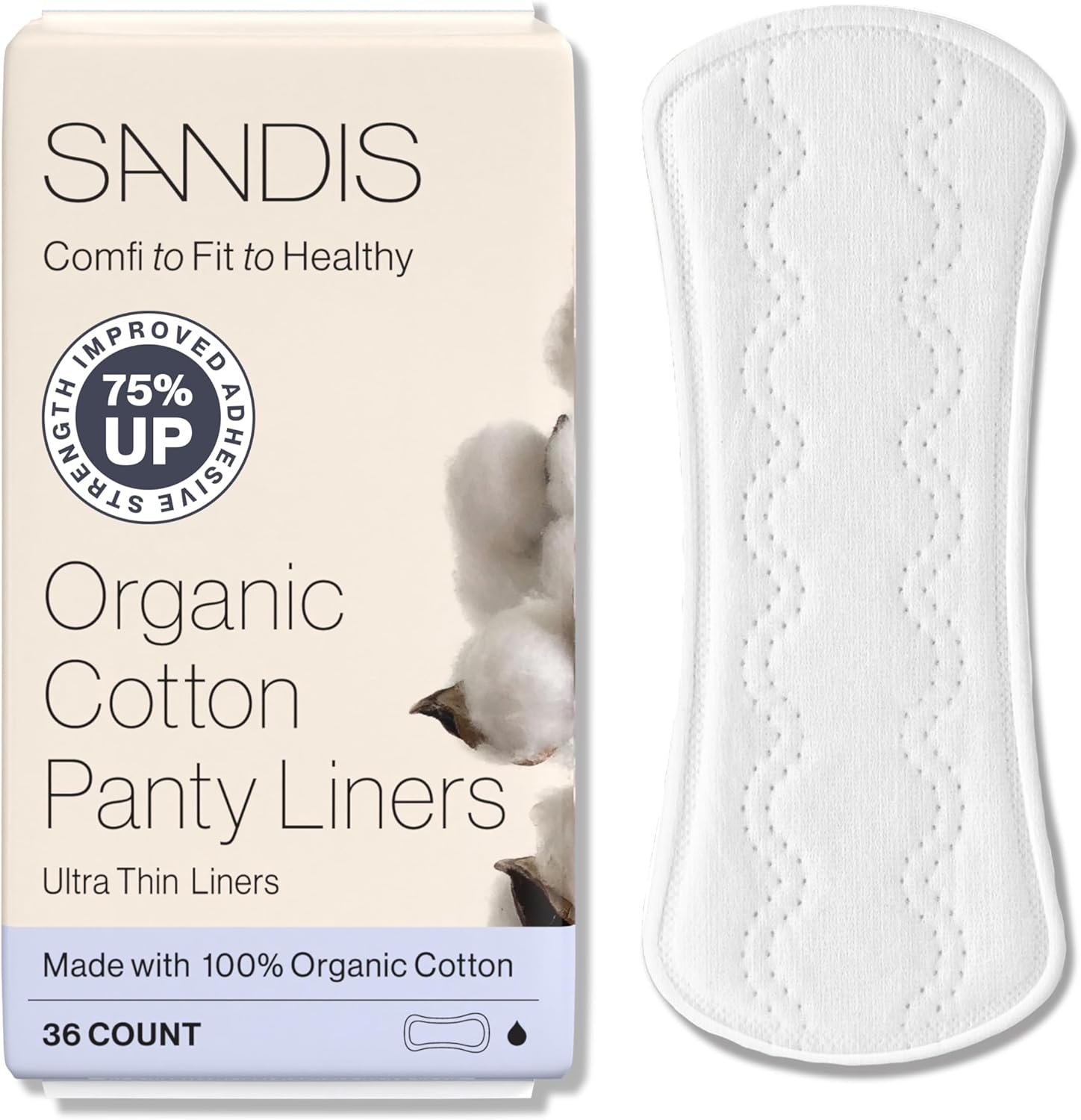 SANDIS Premium 100% Organic Panty Liners – Chemical Free Cotton Ultra Thin Liner for Women | Feminine Sanitary Napkins Unscented Everyday Use Leak Protection (Regular, 36 Count, Wrapped)