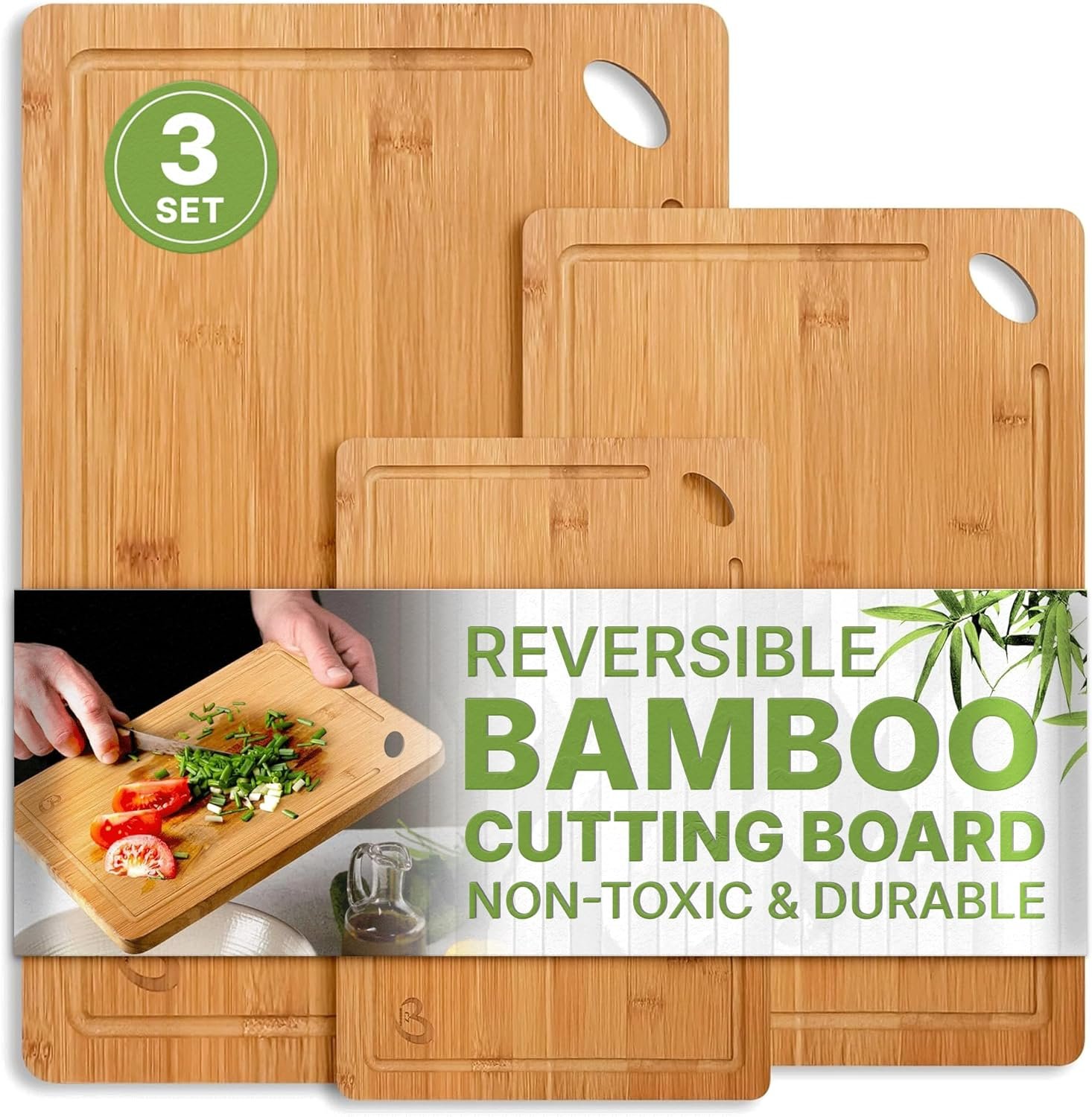 Wood Cutting Boards Set of 3 – Non-Toxic Bamboo Chopping Boards for Kitchen with Deep Juice Grooves – Durable, Eco-Friendly Wooden Serving Boards for Meat, Vegetables & Fruit