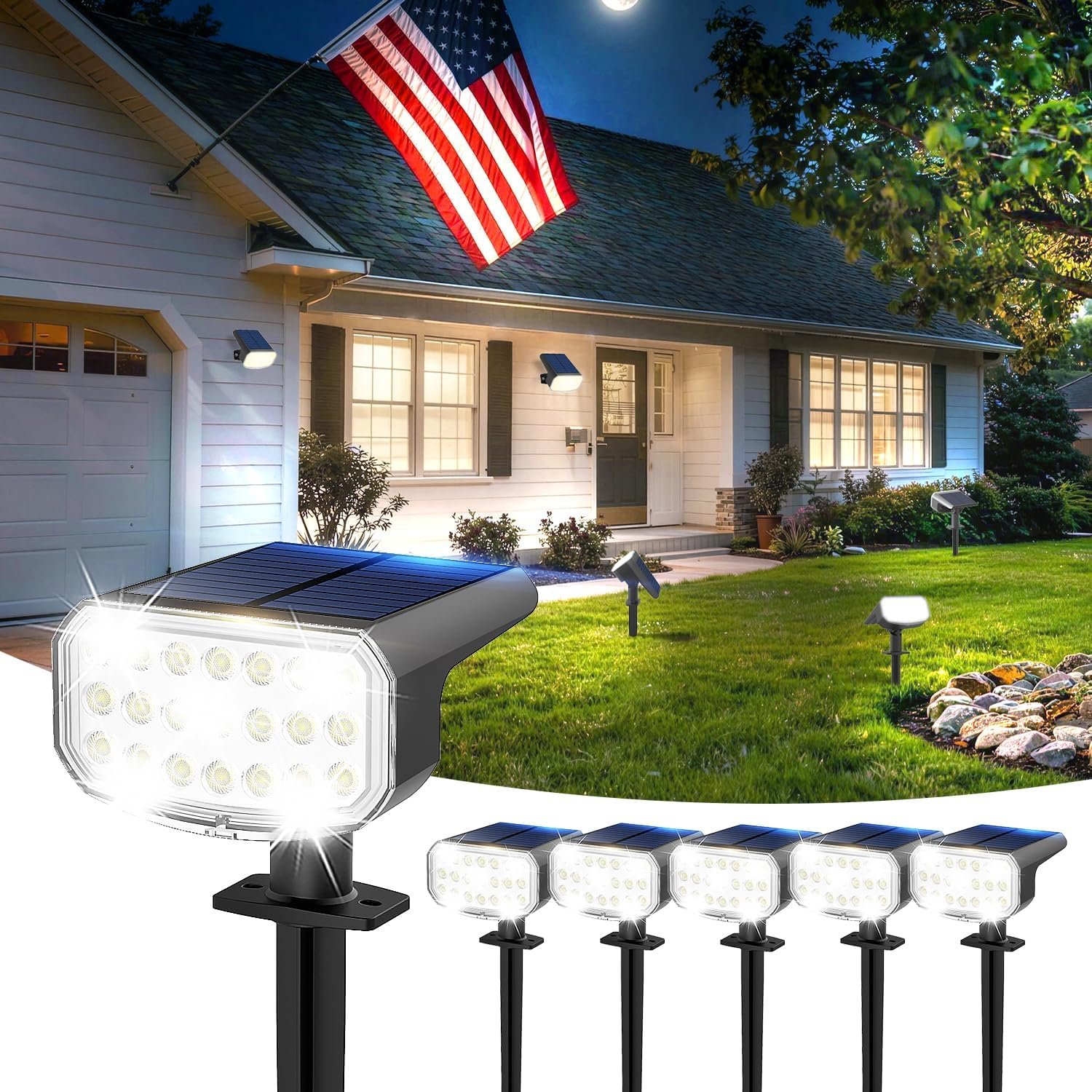 JEJOT Solar Lights Outdoor Waterproof IP65, Super Bright LED with Lens, 6500K 2 Lighting Modes, Solar Powered Yard Garden Solar Spot Lights for Outside Landscape Auto On/Off – 6 Pack