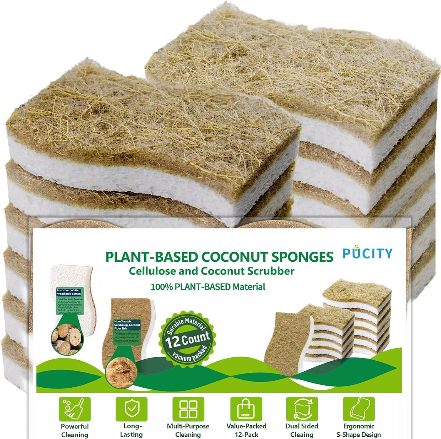 Sponges Kitchen Natural Dish Sponge Plant-Based Biodegradable Compostable | Cellulose with Coconut Scrubber Sponge Non Scratch Eco Friendly Kitchen sponges for Kitchen Dishes（Pack of 12）