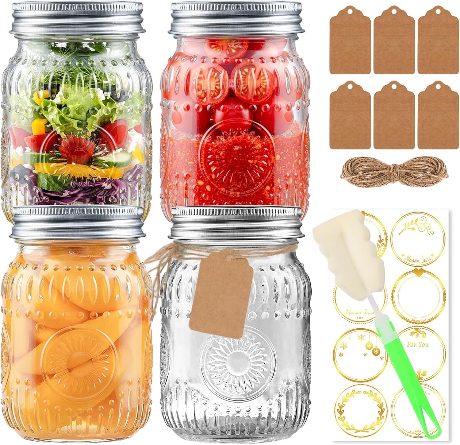 16oz Mason Jars 4-Pack with Rust-Proof 304 Stainless Steel Lids and Bands | Pint Glass Jars with Elegant Sunflower Embossing, Leak-proof for Meal Prep, Pickling, Overnight Oats, Dry Food & DIY Crafts