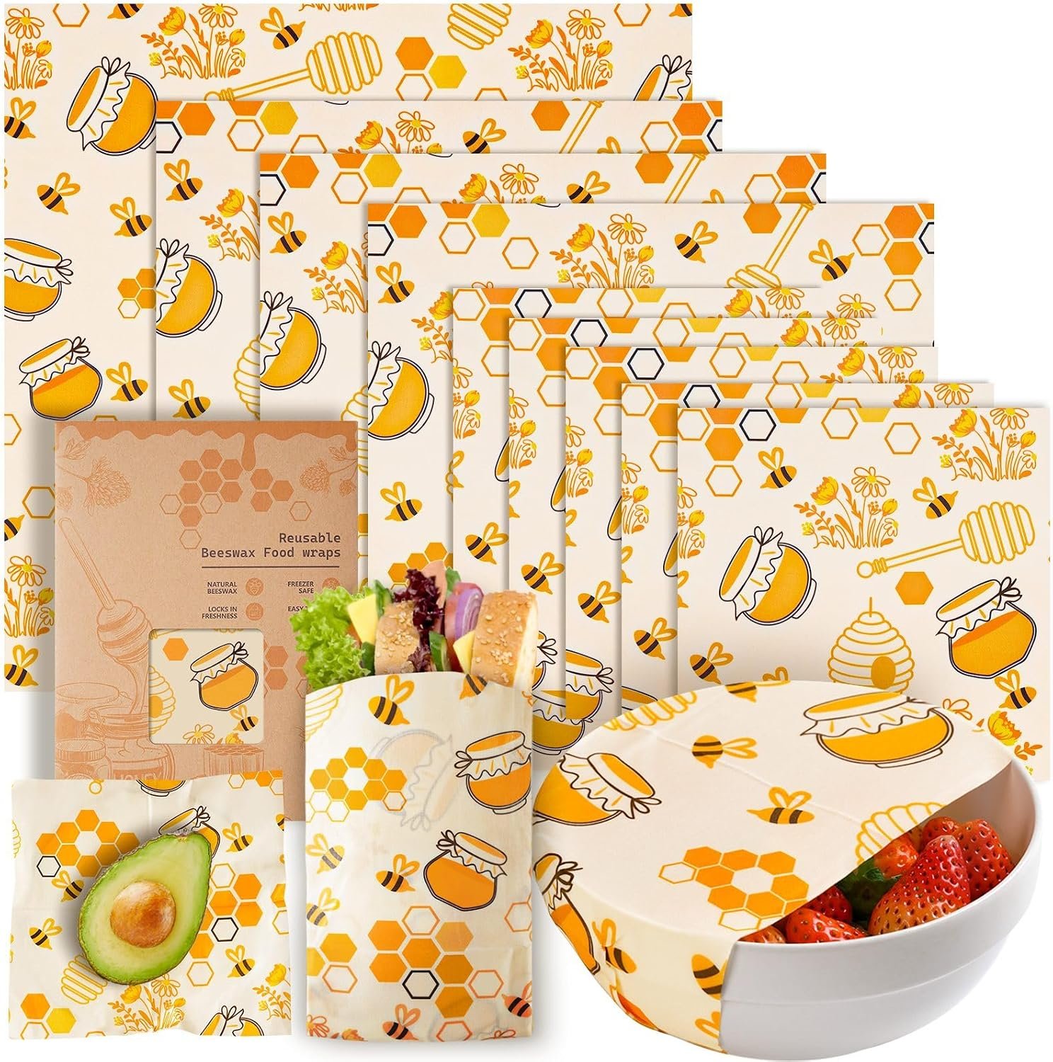 9 Pack Beeswax Wraps for Food – Reusable Beeswax Bread Bag & Sandwich Wrap | Organic & Eco-Friendly,Sustainable Bees Paper,Retain Freshness,Perfect Alternative to Aluminum Foil Sourdough Storage