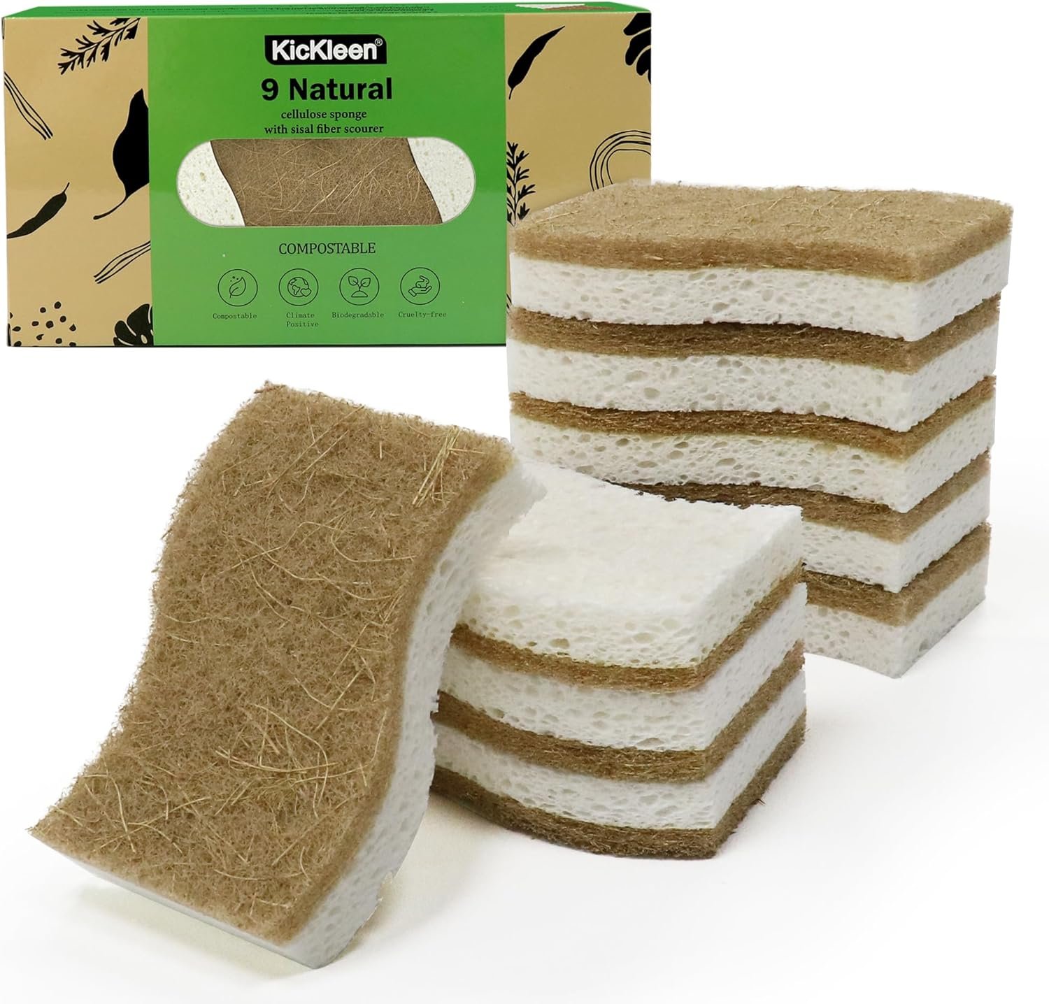 9 Pack Biodegradable Natural Kitchen Sponge Dish Sponges | Compostable Cellulose and Coconut Walnut Scrubber Sponge – Eco Friendly Sustainable Sponges for Dishes