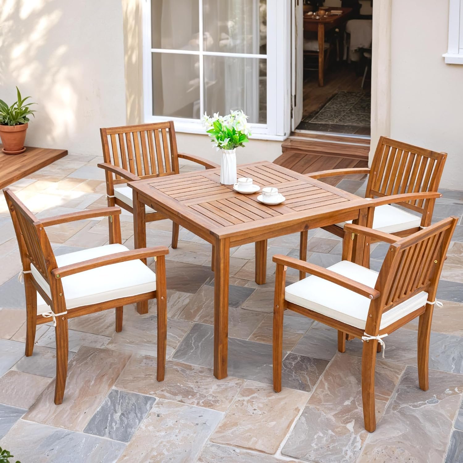 Flamaker 5 Pieces Outdoor Dining Set Acacia Wood Outdoor Table and Chairs | Outdoor Dining Sets for 4 with Soft Cushions, Patio Table and Chairs Set for Deck, Backyard, Garden