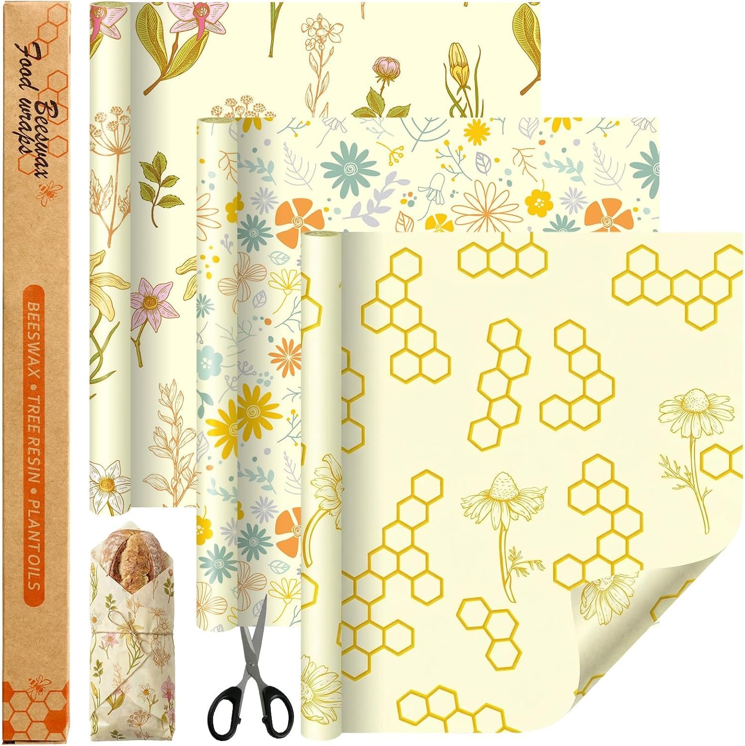 3 Rolls Beeswax Wraps for Food 13” x 59” Bees Wax Wraps Reusable Bees Beeswax Storage Wrap for Food Sustainable Honeycomb Floral Organic Cotton Wrap for Bread Sandwich Cheese Fruit