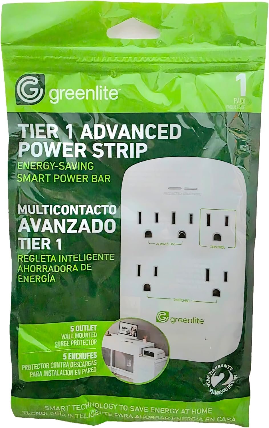 Greenlite, Tier 1 Advanced Power Strip, Energy-Saving, Smart Power Bar 5 Outlet