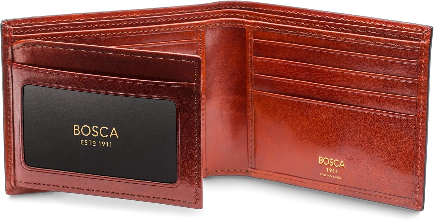 Bosca Men’s Leather Wallet – Old Italia Bifold Wallet For Men Made From Full Grain Italian Leather, 11 Card Slots, ID Window, Divided Currency Well, Gift-Ready Packaging – Cognac Brown