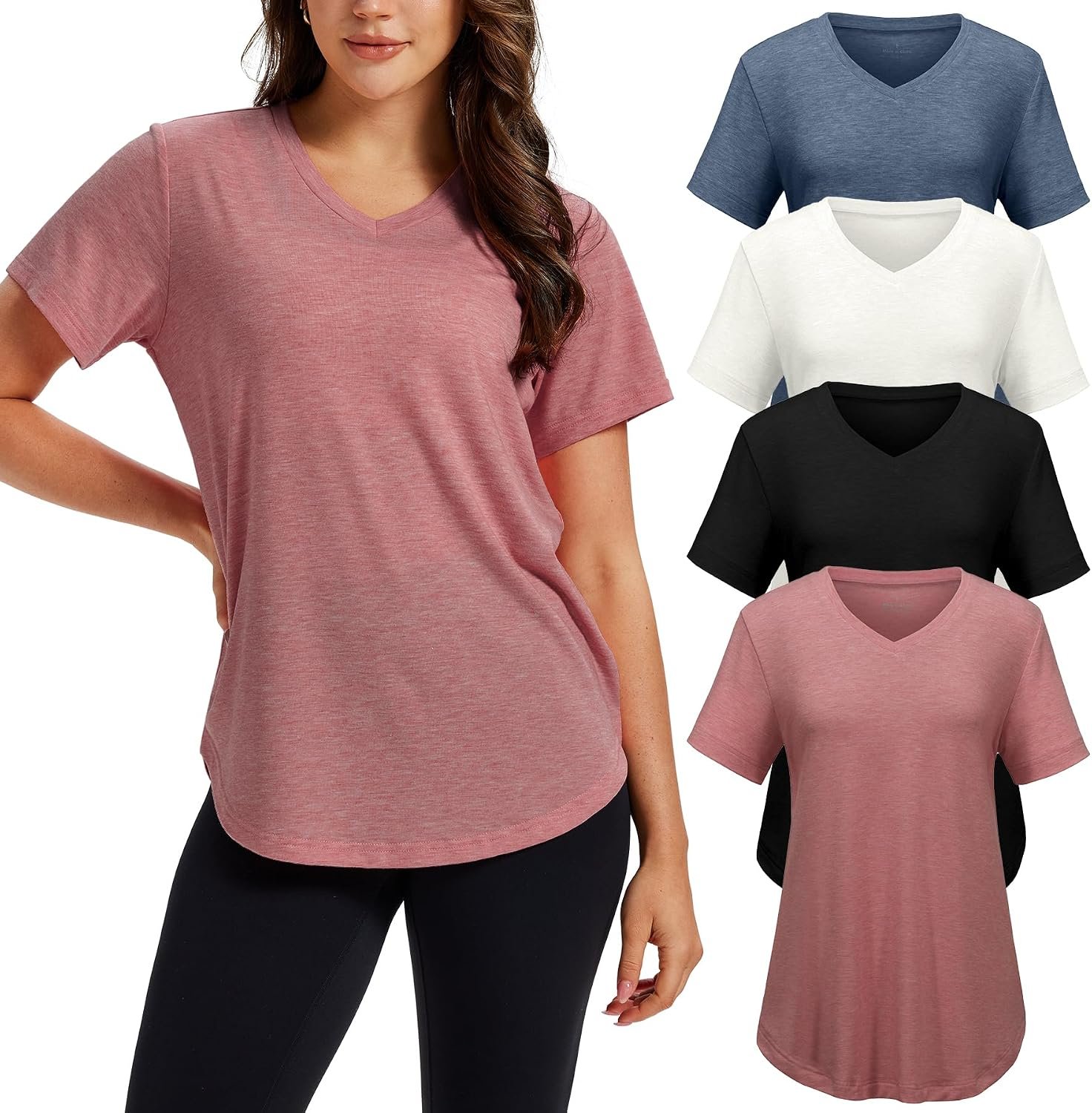 4 Pack V Neck T Shirts for Women Short Sleeve Plus Size Summer Tops | S-4XL, Soft Stretch Fabric, Loose Fit, Curved Hem, Covers Hips, Long Enough for Leggings, Work, Lounge & Daily Wear