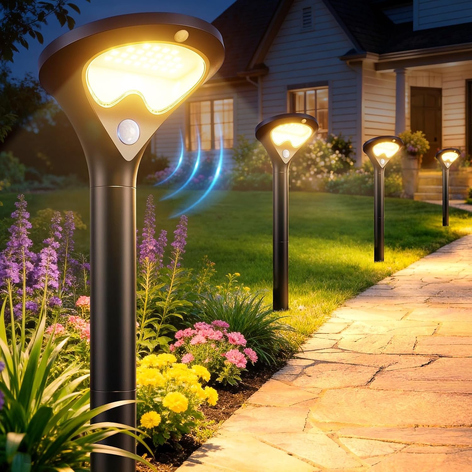 Solar Pathway Lights Outdoor with Motion Sensor, 6 Pack Security Solar Garden Lights, 400LM Bright LEDs, Upgraded Glass Panel, 3 Modes Waterproof Path Lights for Yard Patio Walkway Driveway
