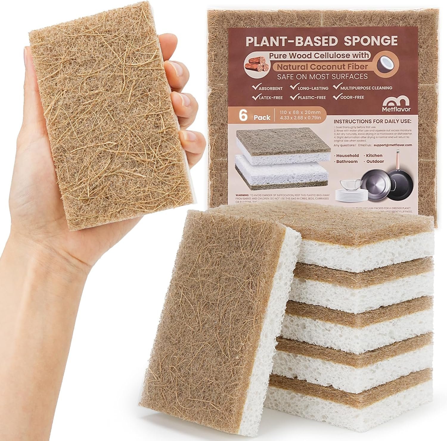 Metflavor Kitchen Sponges, 6 Count, Natural Sponge with Coconut Scrubber | Non-Scratch, Biodegradable & Compostable, Non-Toxic, All-Purpose Cleaning